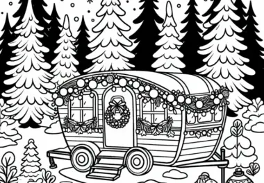 Der wohnwagen ist weihnachtlich geschmückt und steht im verschneiten Wald – Ausmalbild kostenlos