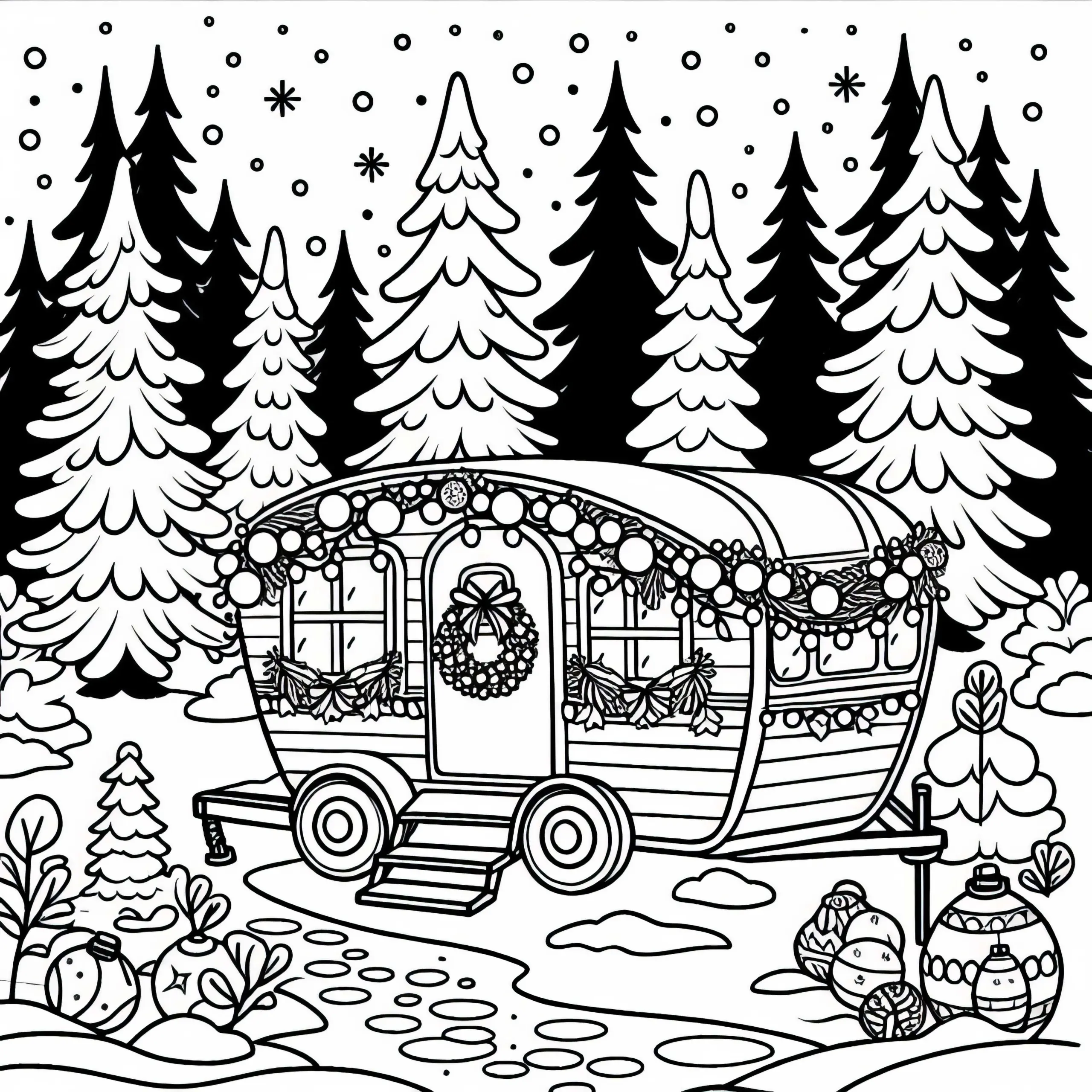 Der wohnwagen ist weihnachtlich geschmückt und steht im verschneiten Wald – Ausmalbild kostenlos