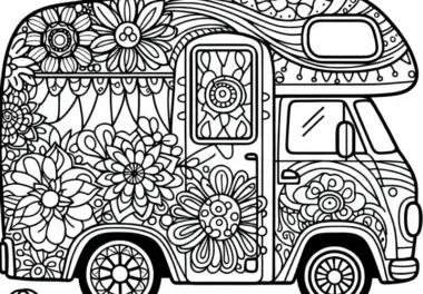 Wohnwagen mit Blumenmustern als Hippie-Van Malvorlage