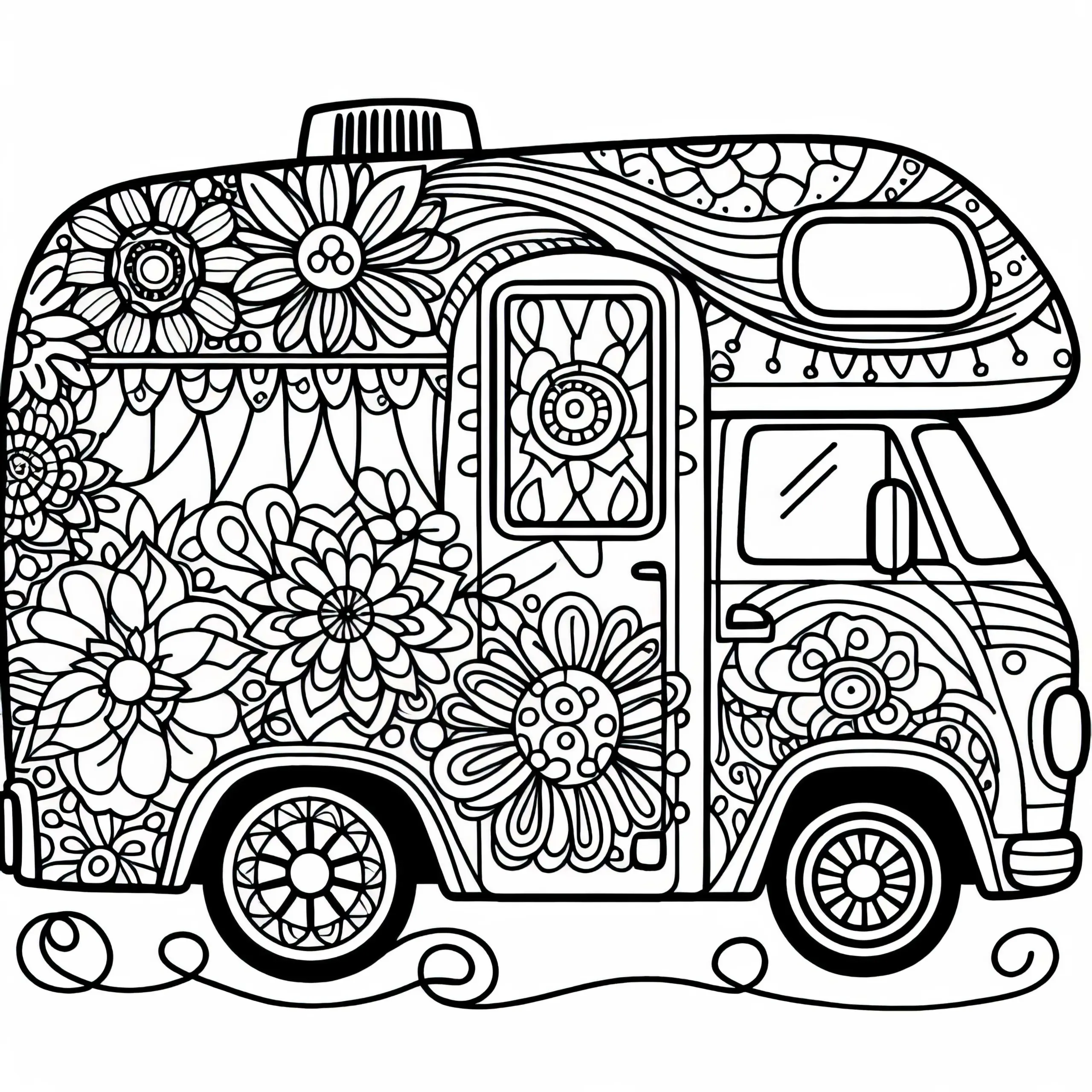 Wohnwagen mit Blumenmustern als Hippie-Van Malvorlage (Ausmalbild)