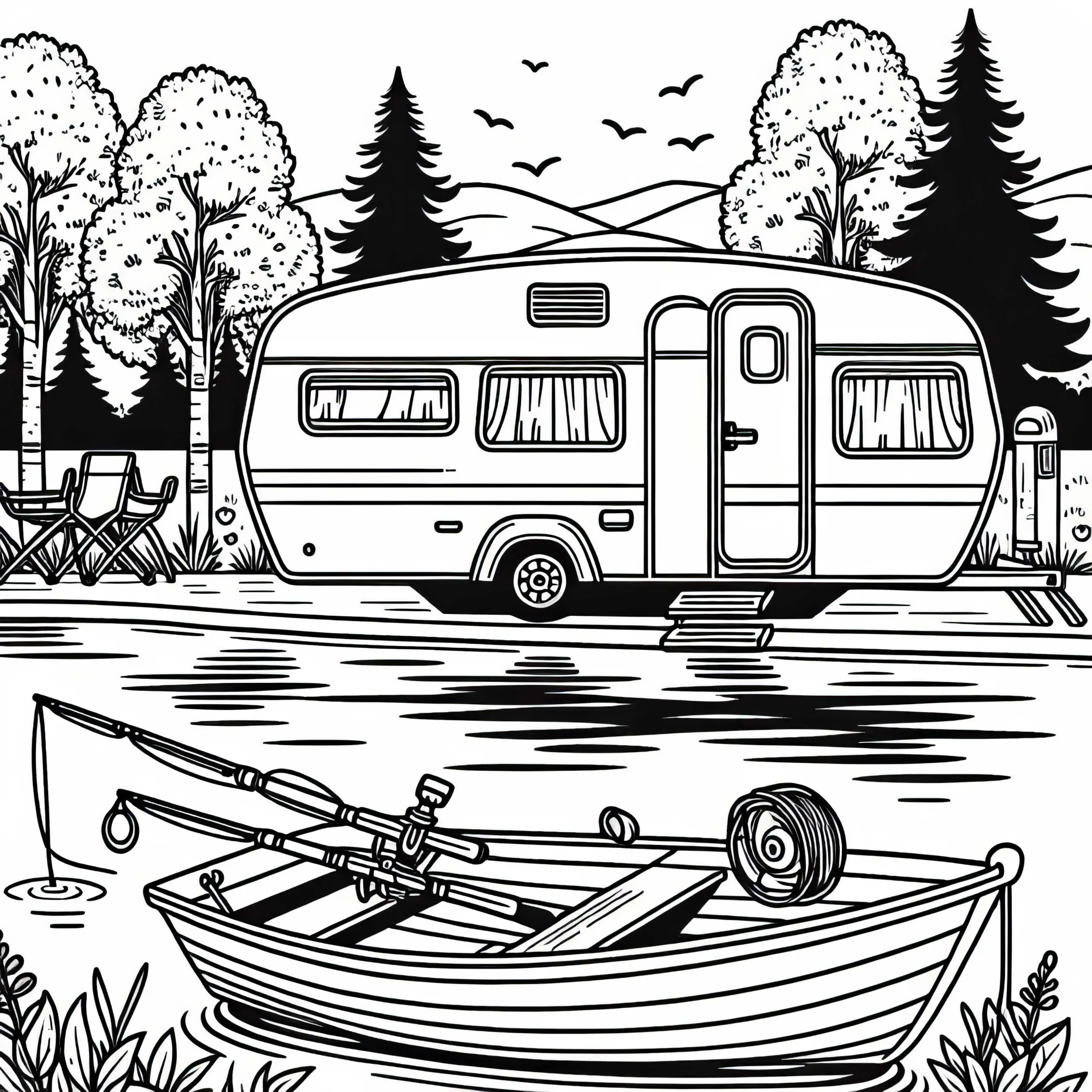 Wohnwagen steht am See mit Ruderboot – Malvorlage gratis (Ausmalbild)