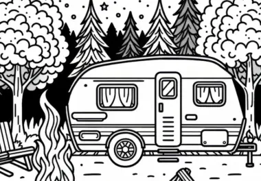Wohnwagen auf Campingplatz mit Lagerfeuer und Bäumen – Ausmalbild kostenlos