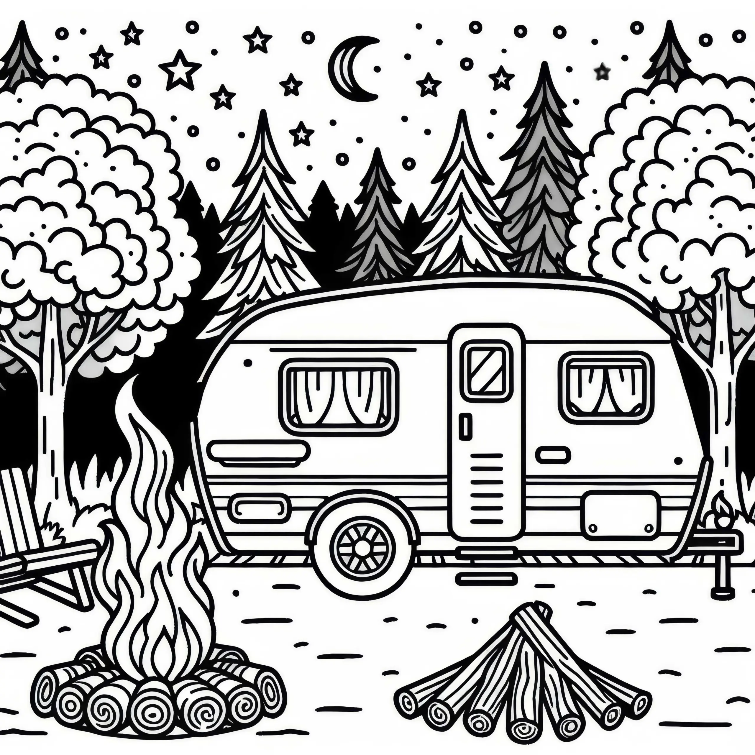 Wohnwagen auf Campingplatz mit Lagerfeuer und Bäumen – Ausmalbild kostenlos