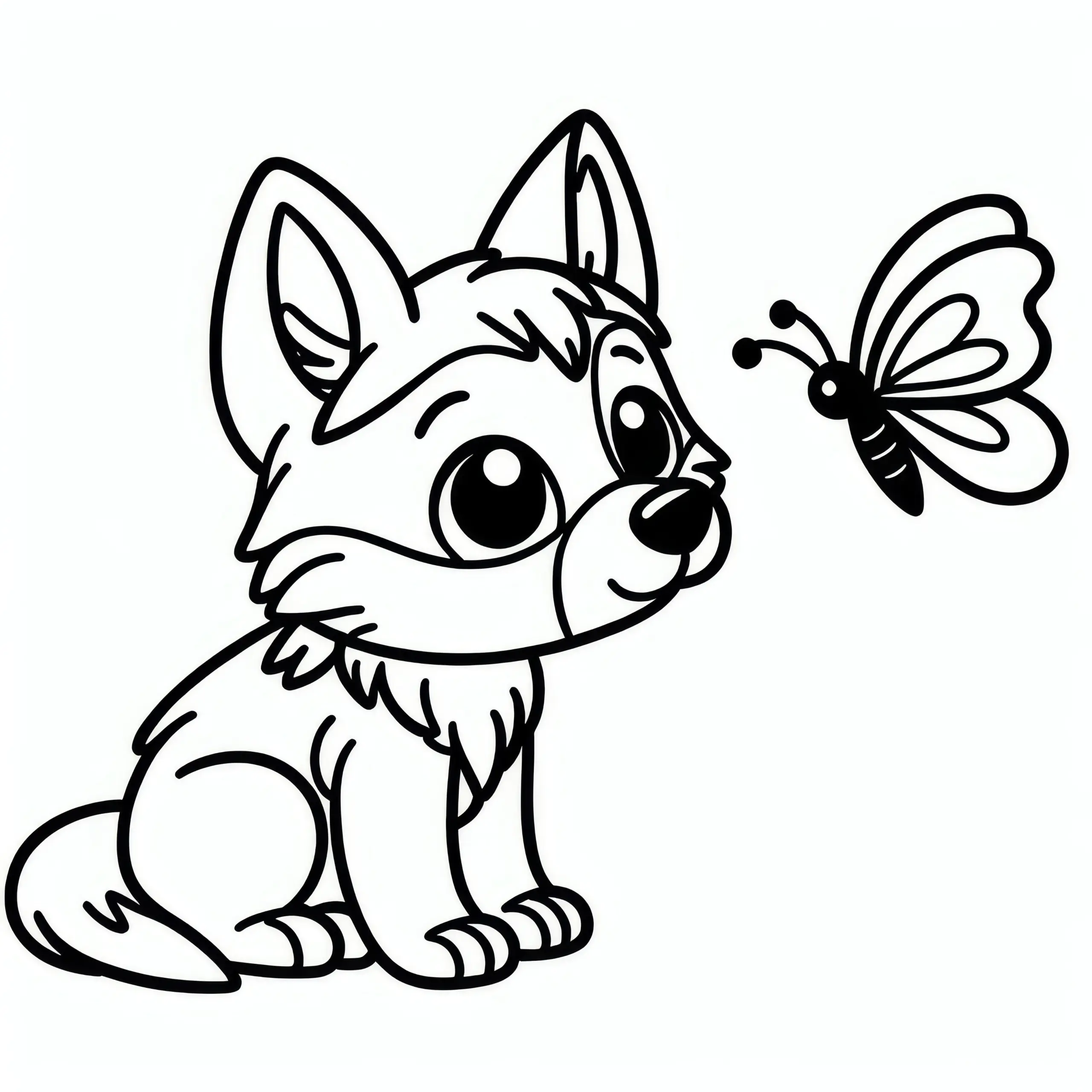 Wolf mit aufgestellten Ohren beobachtet neugierig einen Schmetterling: Einfache Malvorlage (Kostenlos) (Ausmalbild)