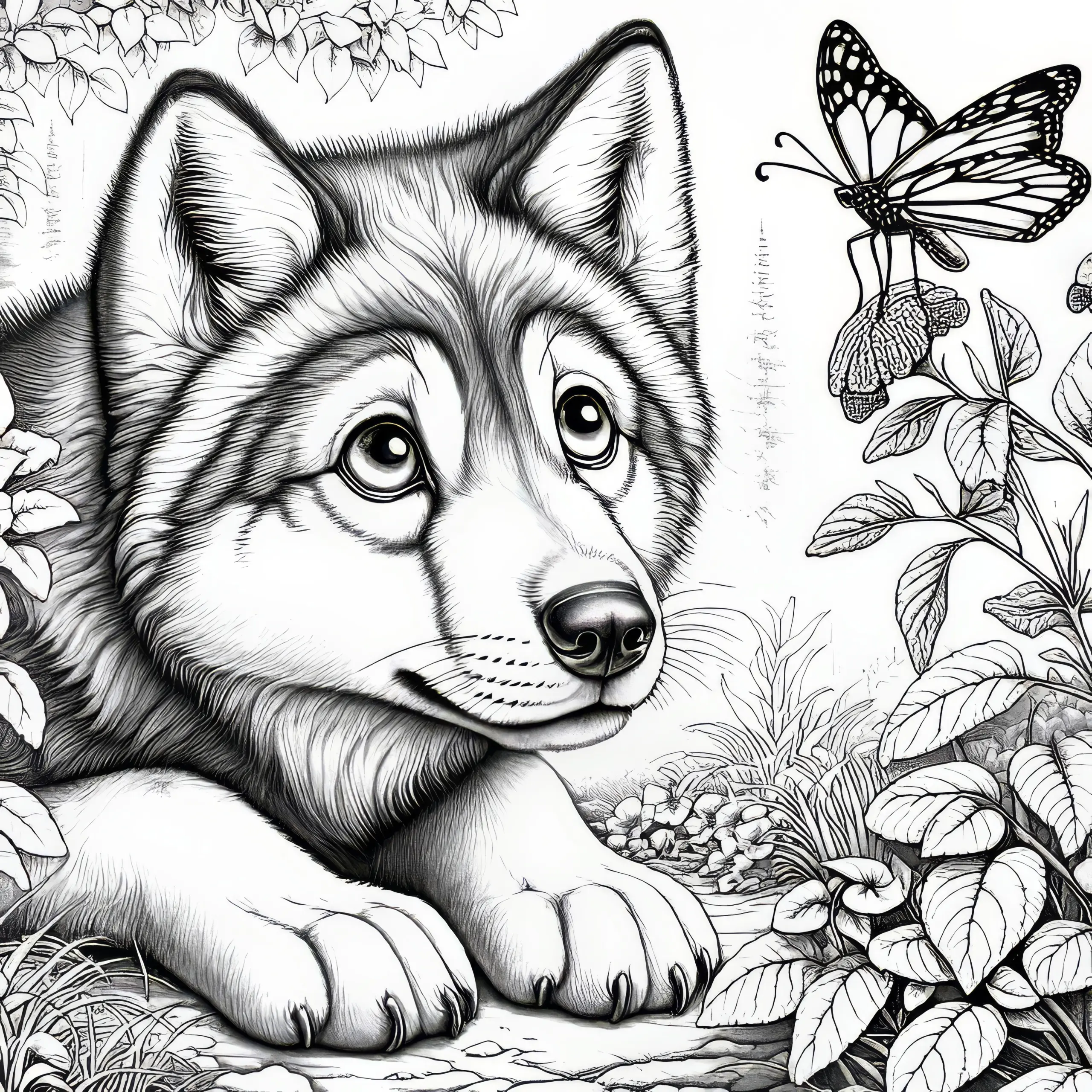 Wolf mit aufgestellten Ohren beobachtet neugierig einen Schmetterling: Kostenlose Malvorlage (Ausmalbild)