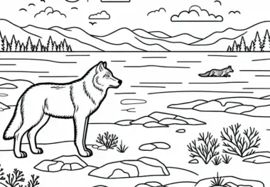 Wolf beobachtet seine Umgebung in der Tundra – Malvorlage gratis