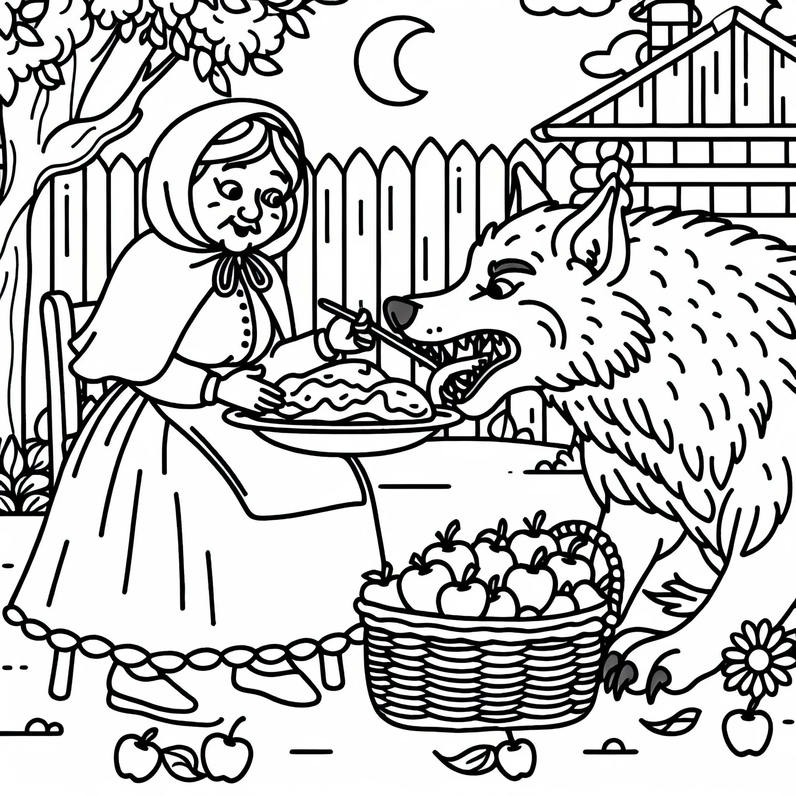 Wolf frisst die Großmutter – Malvorlage Märchen kostenlos (Ausmalbild)