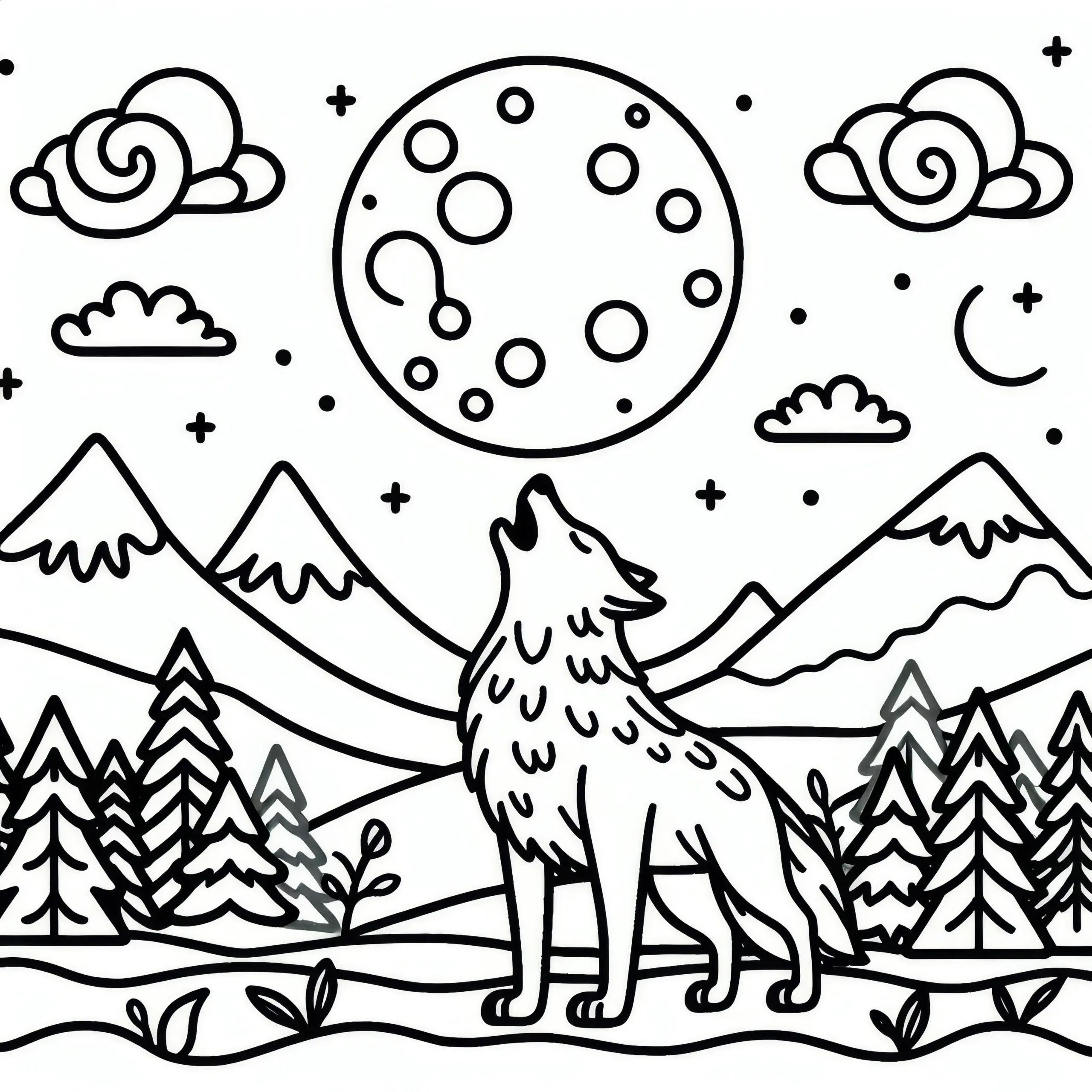 Wolf heult unter Vollmond in Berglandschaft: Einfache Malvorlage (Gratis) (Ausmalbild)