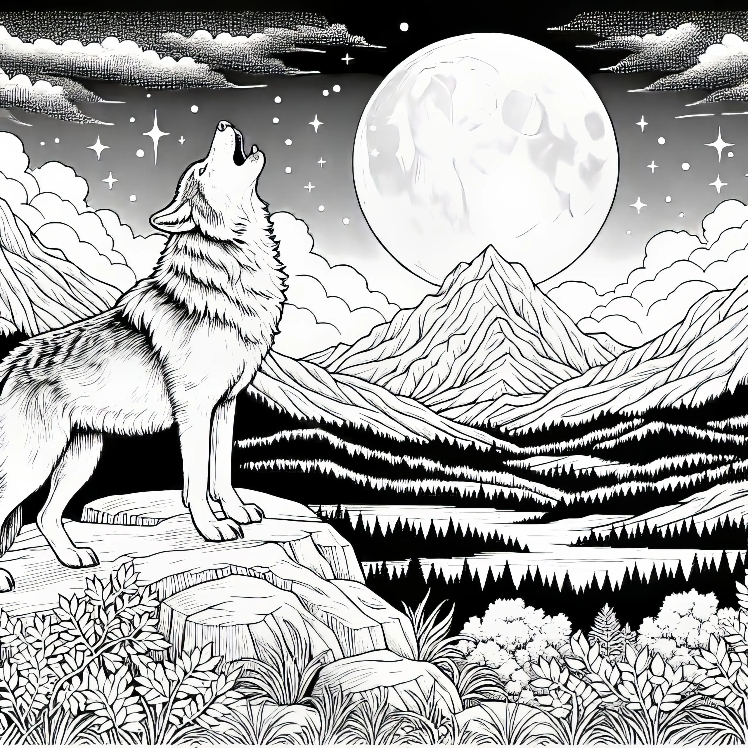 Wolf heult unter Vollmond bei Nacht in Berglandschaft: Ausmalbild zum Download (Kostenlos)