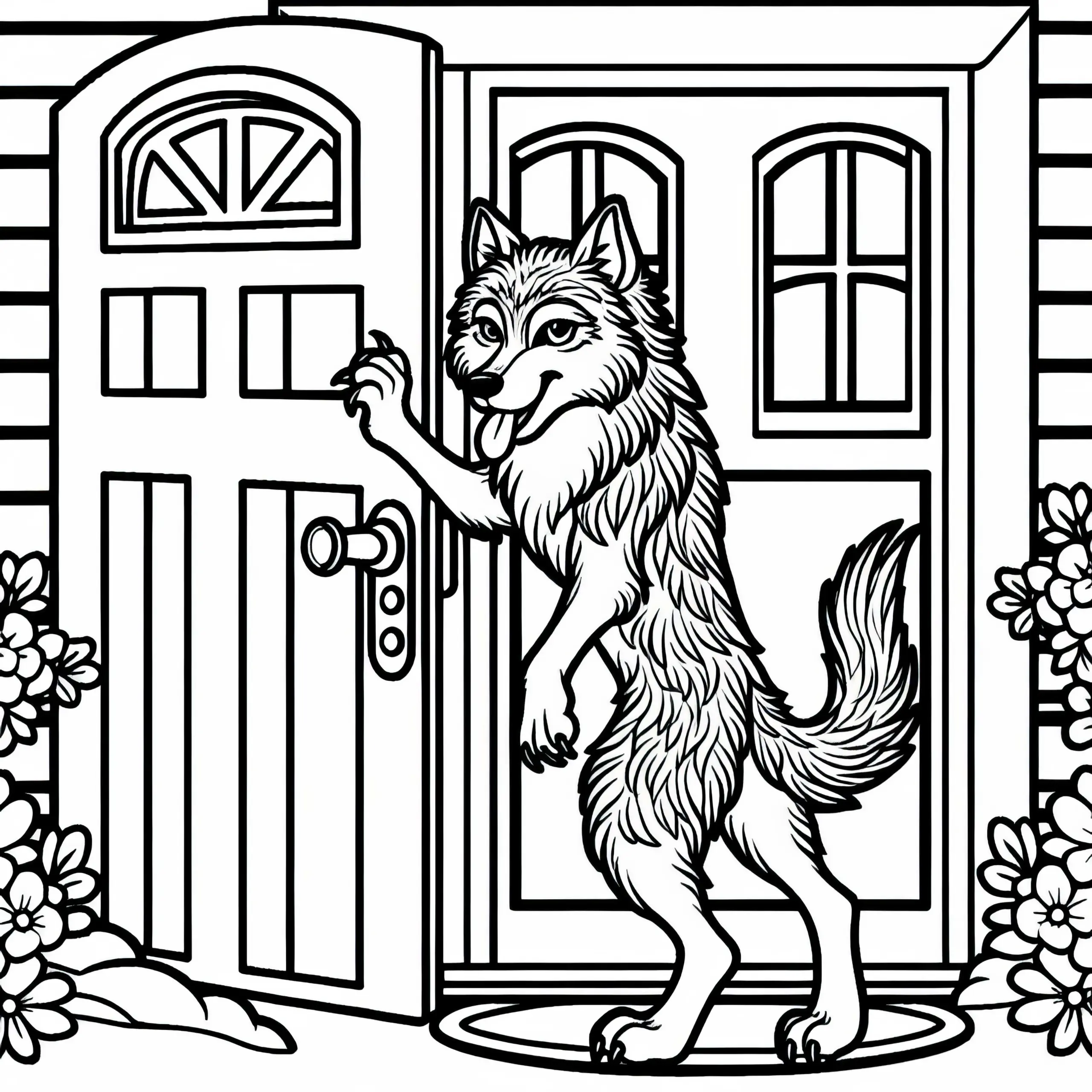 Wolf klopft an Tür – Malvorlage Wolf und sieben Geißlein kostenlos (Ausmalbild)