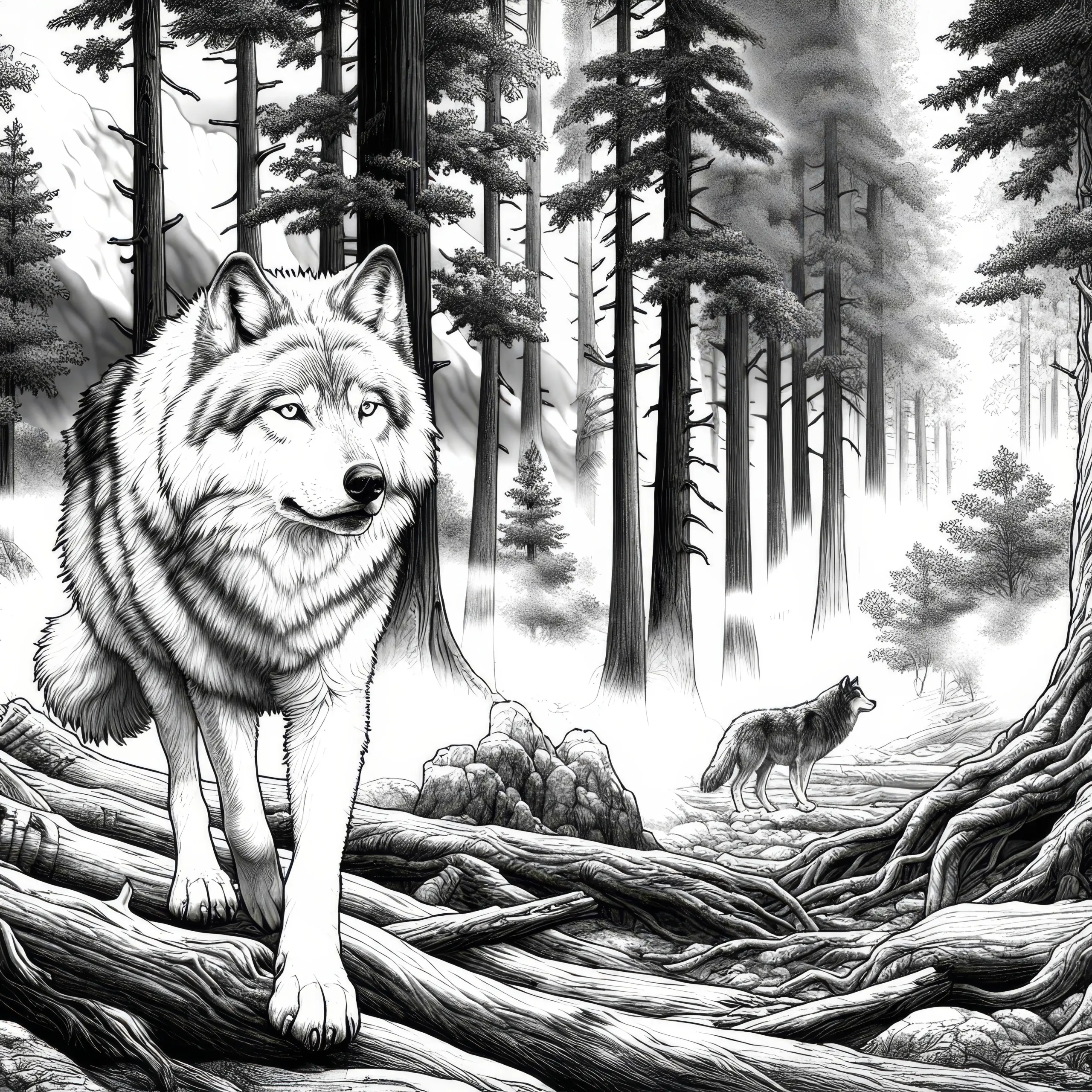 Wolf läuft durch einen nebelverhangenen Wald mit hohen Bäumen: Malvorlage zum Download (Gratis) (Ausmalbild)