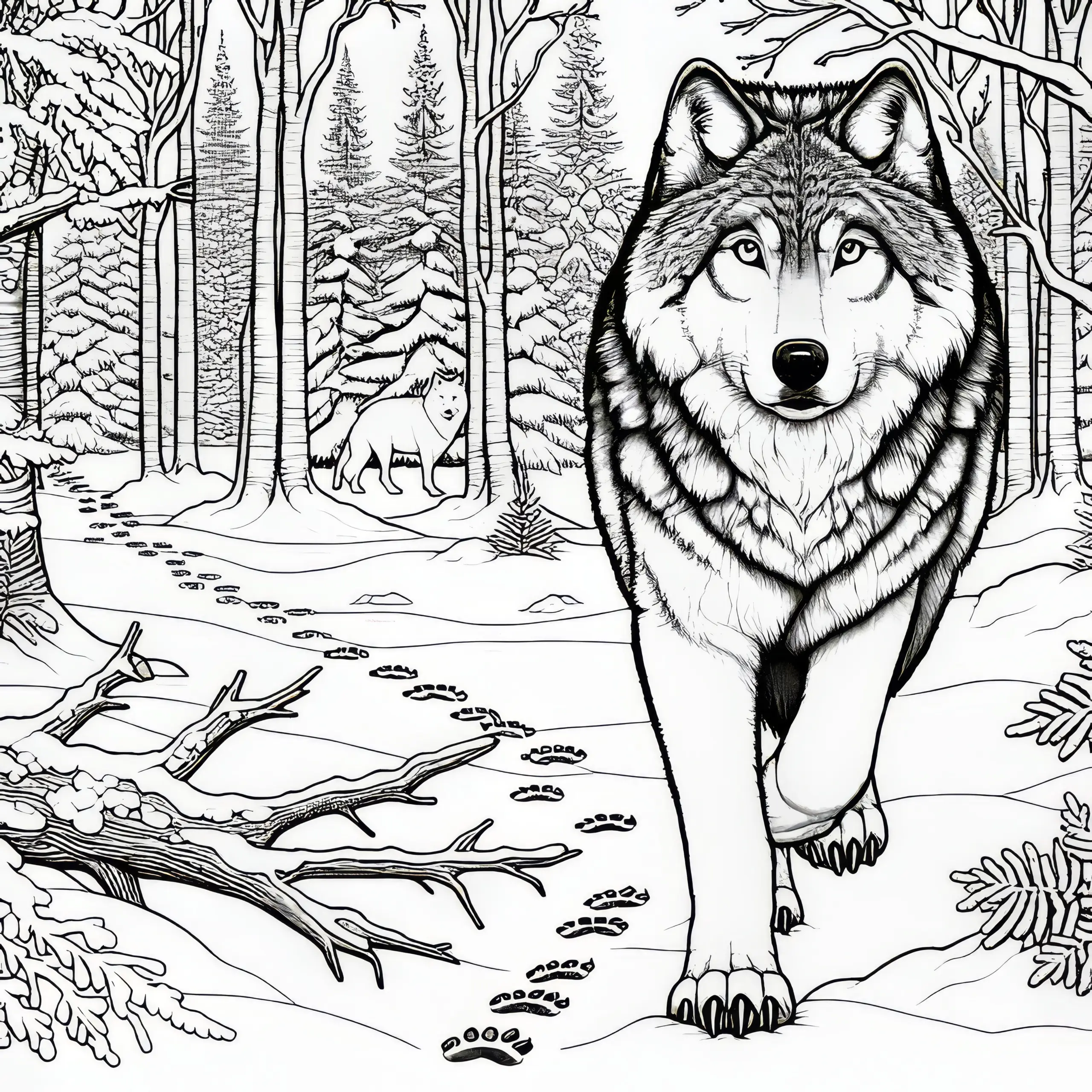 Wolf läuft durch einen verschneiten Wald mit Tierspuren im Schnee: Detailreiche Malvorlage (Kostenlos) (Ausmalbild)
