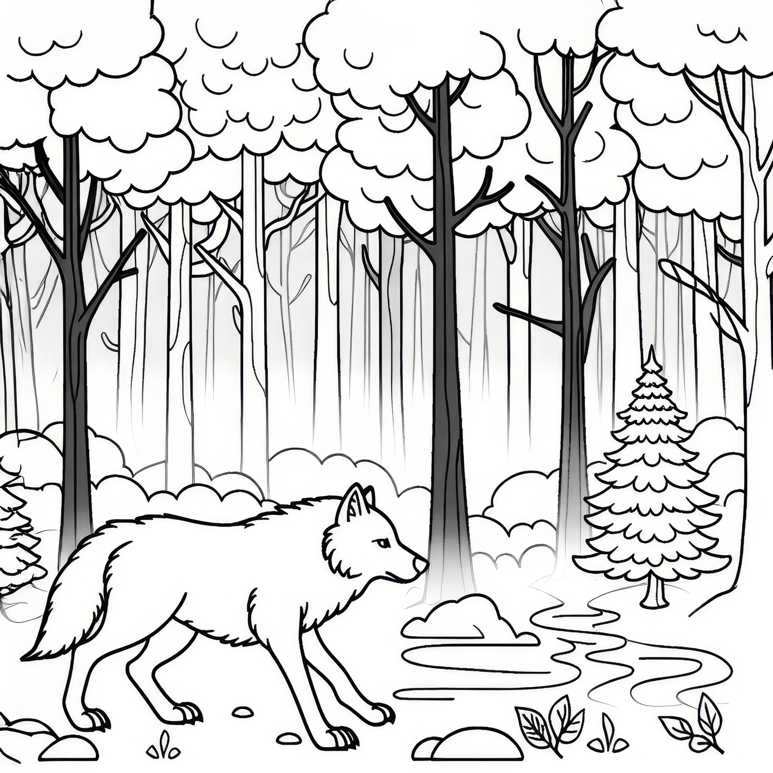 Wolf läuft durch nebelverhangenen Wald mit hohen Bäumen: Einfaches Ausmalbild (Kostenlos)