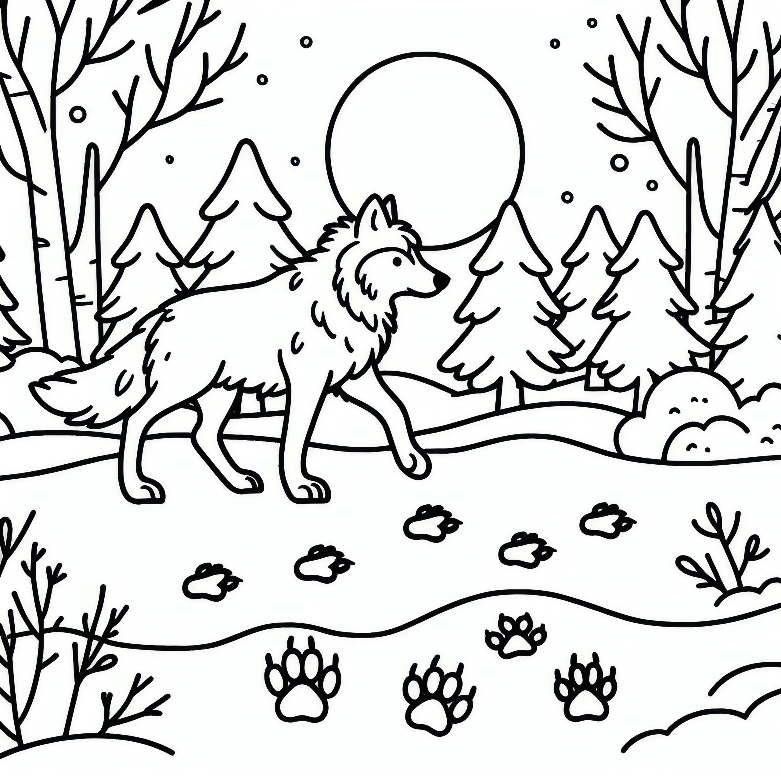 Wolf läuft durch verschneiten Wald mit Tierspuren im Schnee: Einfaches Ausmalbild (Kostenlos)