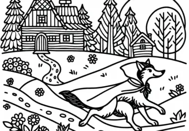 Wolf läuft vor Rotkäppchen zur Großmutter – Malvorlage Märchen gratis