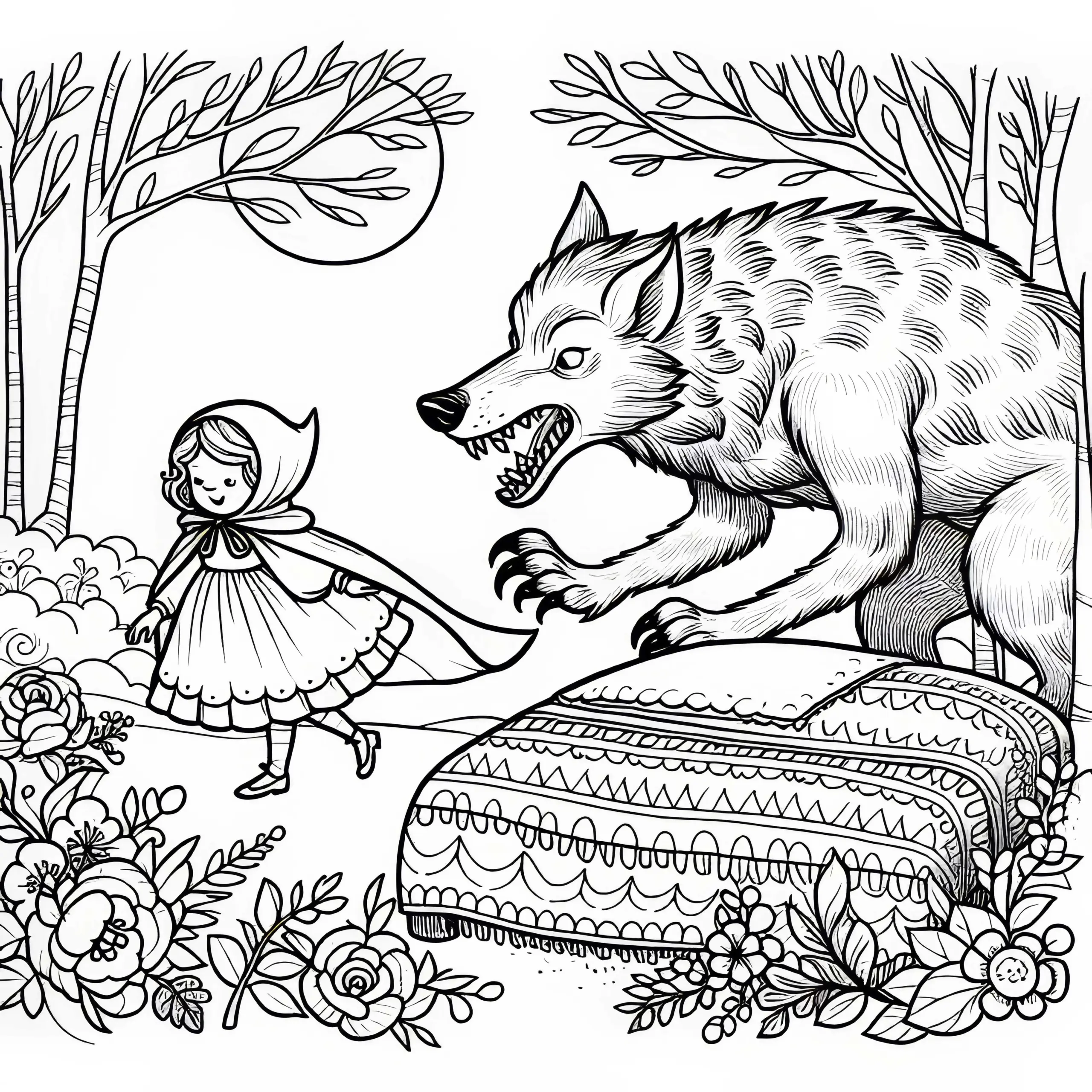 Wolf springt aus dem Bett und verschlingt Rotkäppchen – Malvorlage Märchen (Ausmalbild)