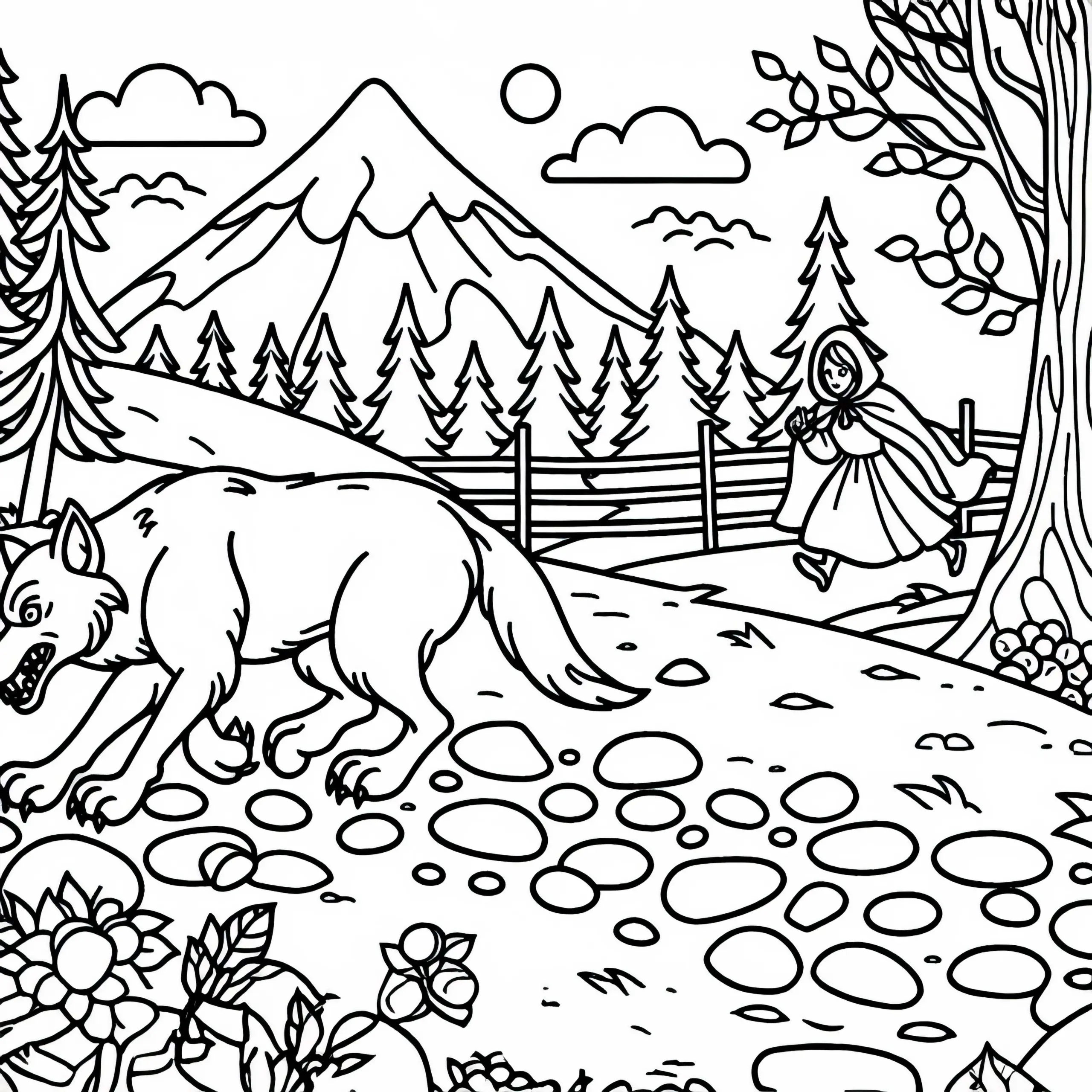 Wolf wird mit Steinen im Bauch verjagt – Malvorlage Märchen gratis (Ausmalbild)