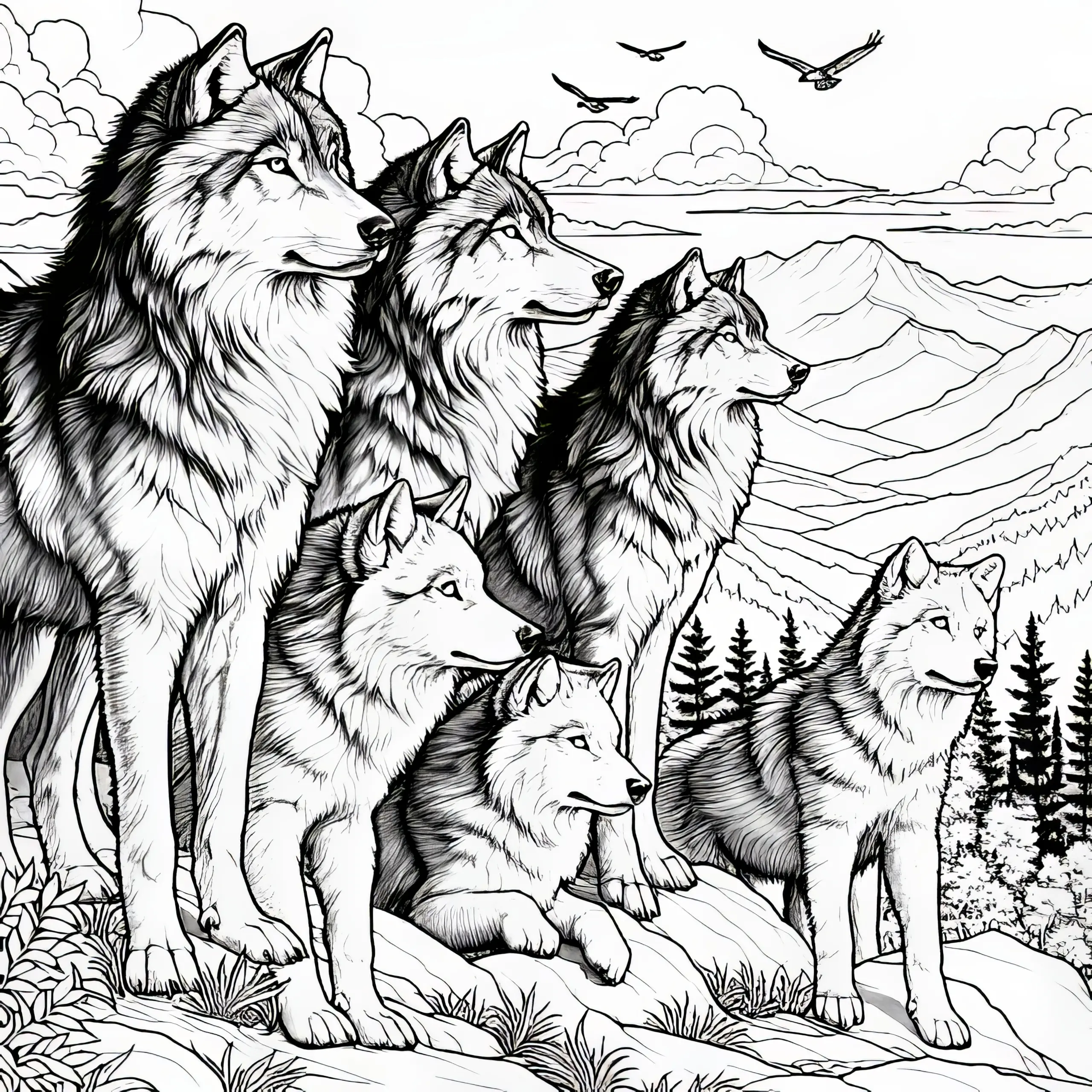 Wolfsrudel steht auf Hügel und blickt in die Ferne: Malvorlage zum Download (Kostenlos) (Ausmalbild)