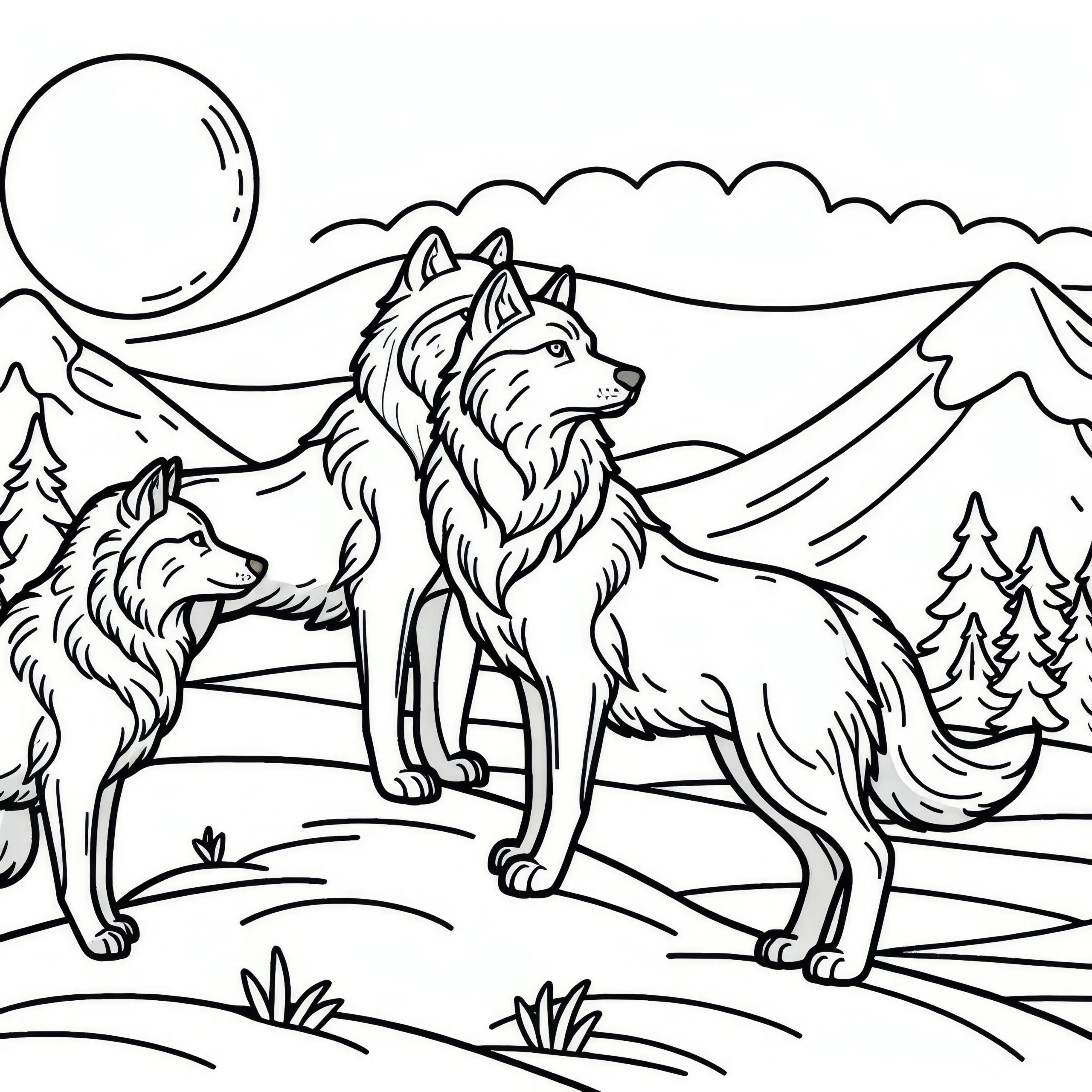 Wolfsrudel steht auf Hügel und blickt in Ferne: Einfache Malvorlage (Gratis) (Ausmalbild)
