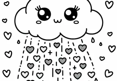 Wolke mit Augen regnet kleine Glitzerherzen – Ausmalbild Kawaii kostenlos