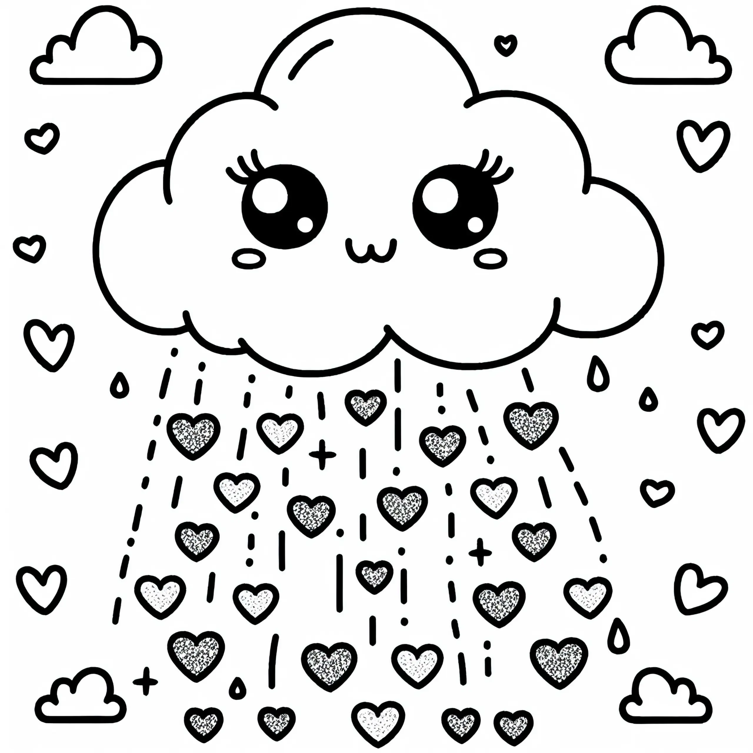 Wolke mit Augen regnet kleine Glitzerherzen – Ausmalbild Kawaii kostenlos