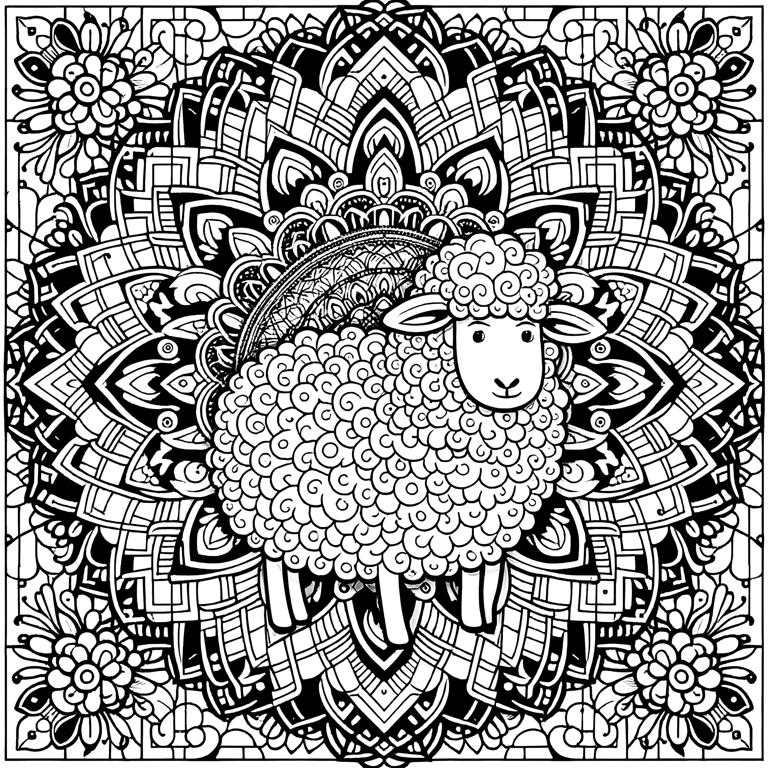 Komplexes Schaf-Mandala: Malvorlage zum Ausmalen für Erwachsene (Kostenlos) (Ausmalbild)