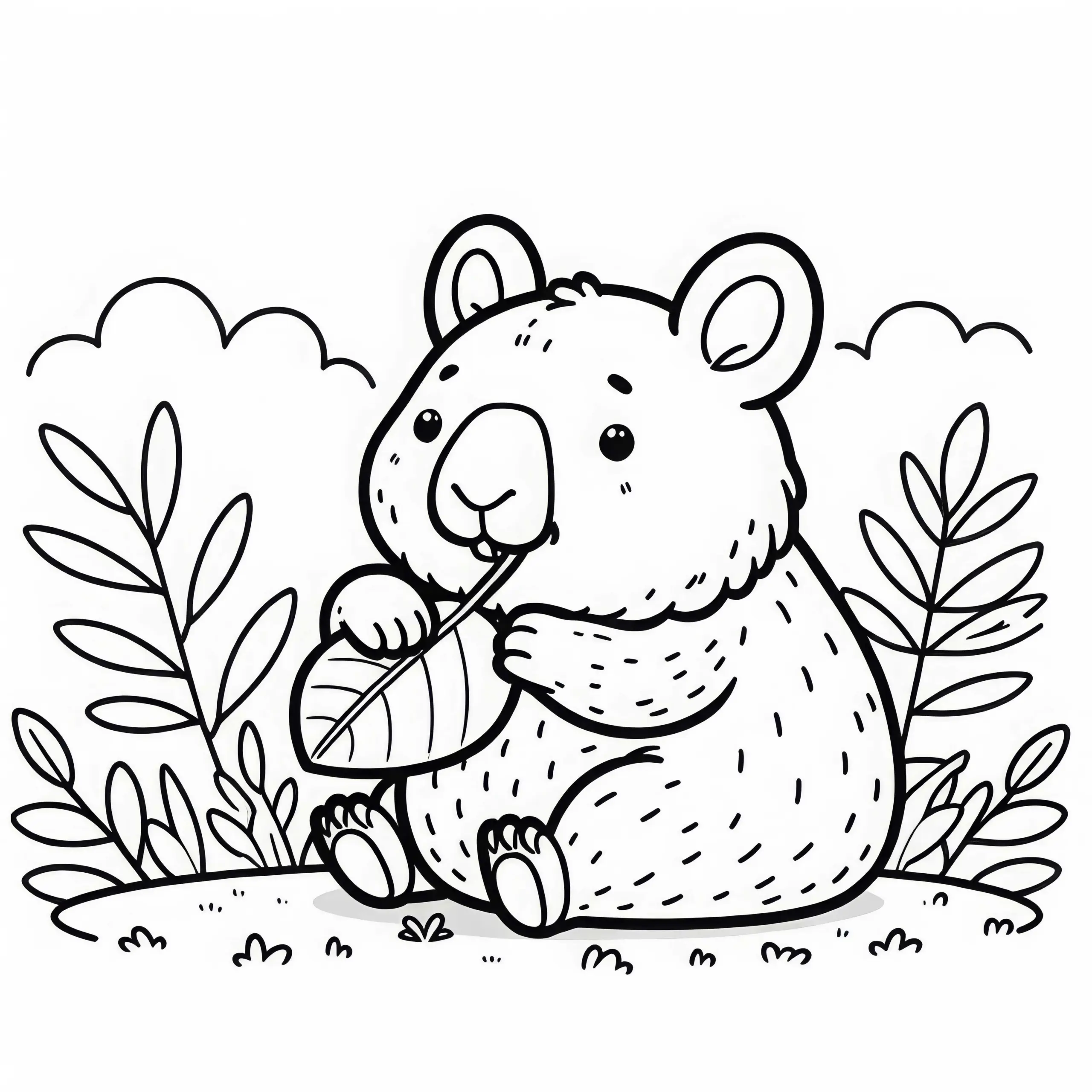 Wombat sitzt gemütlich auf Wiese und knabbert an einem Blatt – Malvorlage gratis (Ausmalbild)