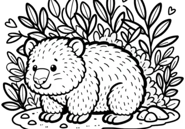 Wombat sitzt unter Busch und schaut neugierig heraus – Ausmalbild kostenlos