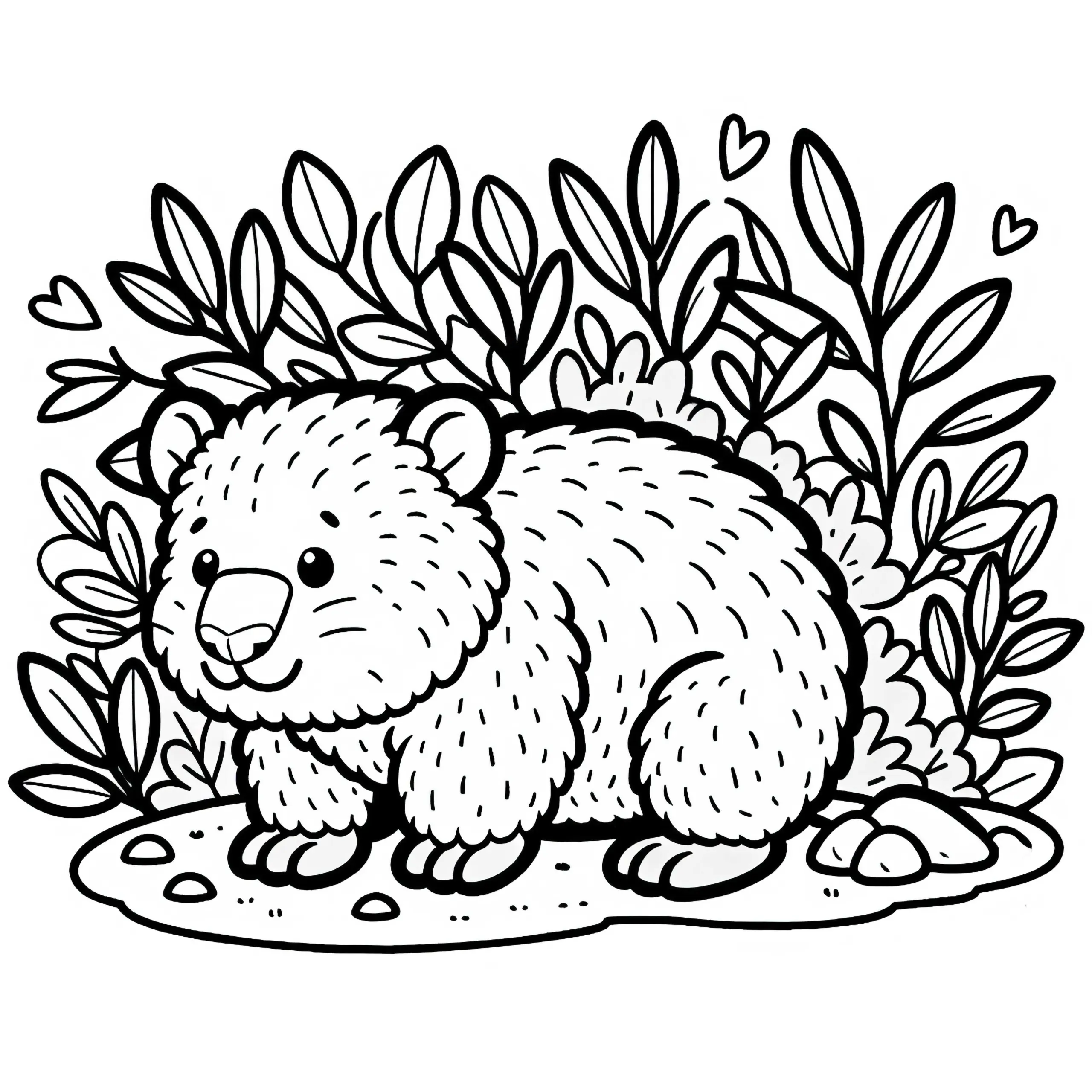 Wombat sitzt unter Busch und schaut neugierig heraus – Ausmalbild kostenlos