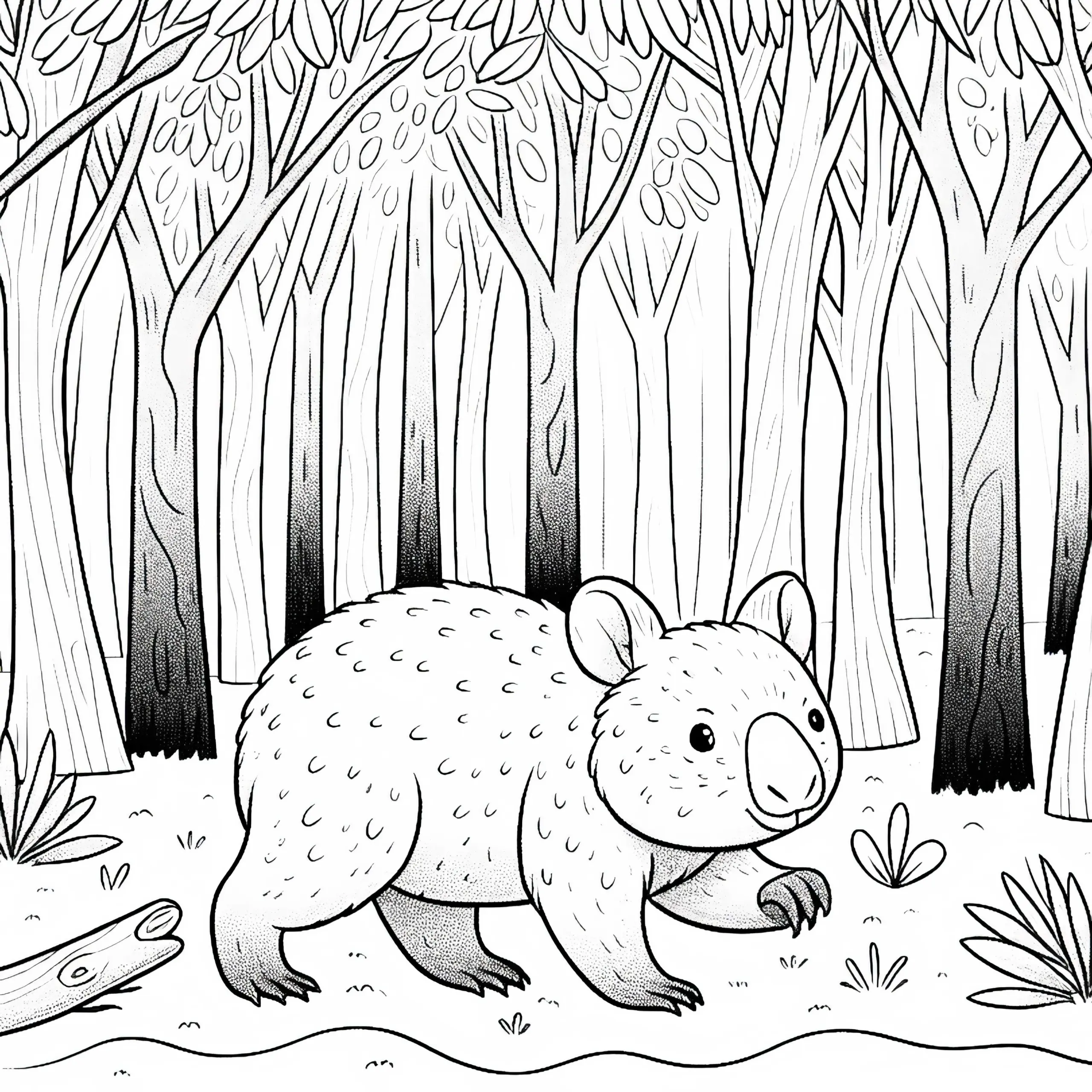 Wombat trottet durch den Wald – Malvorlage gratis (Ausmalbild)