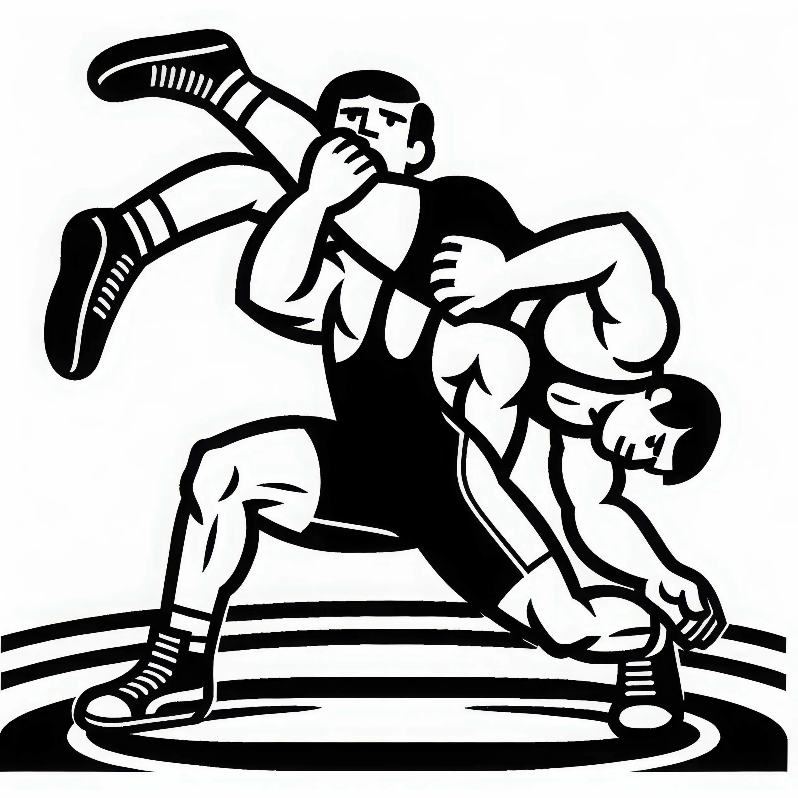 Wrestler hebt Gegner hoch, um ihn auf Matte zu werfen – Malvorlage kostenlos (Ausmalbild)