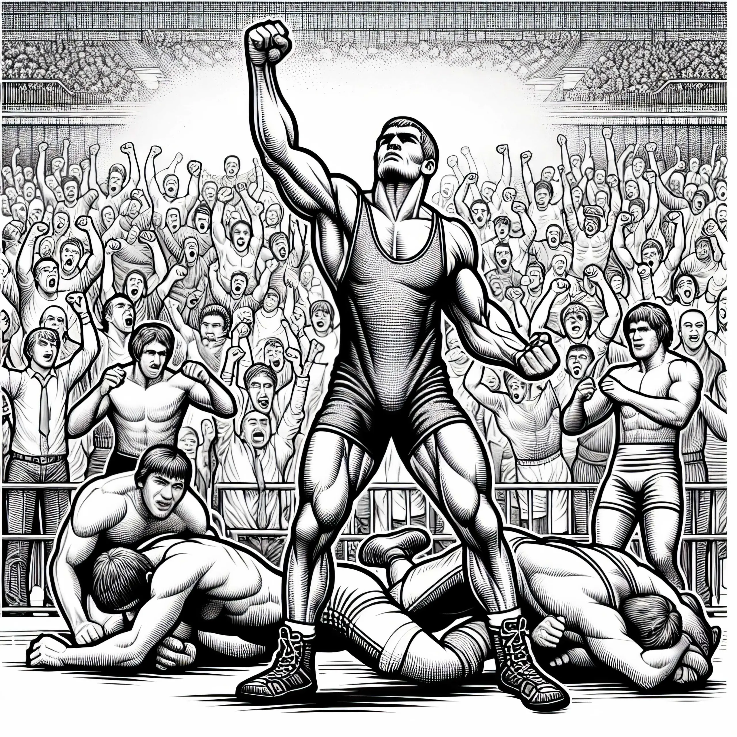 Wrestler schlägt in die Luft, während das Publikum jubelt – Malvorlage gratis (Ausmalbild)