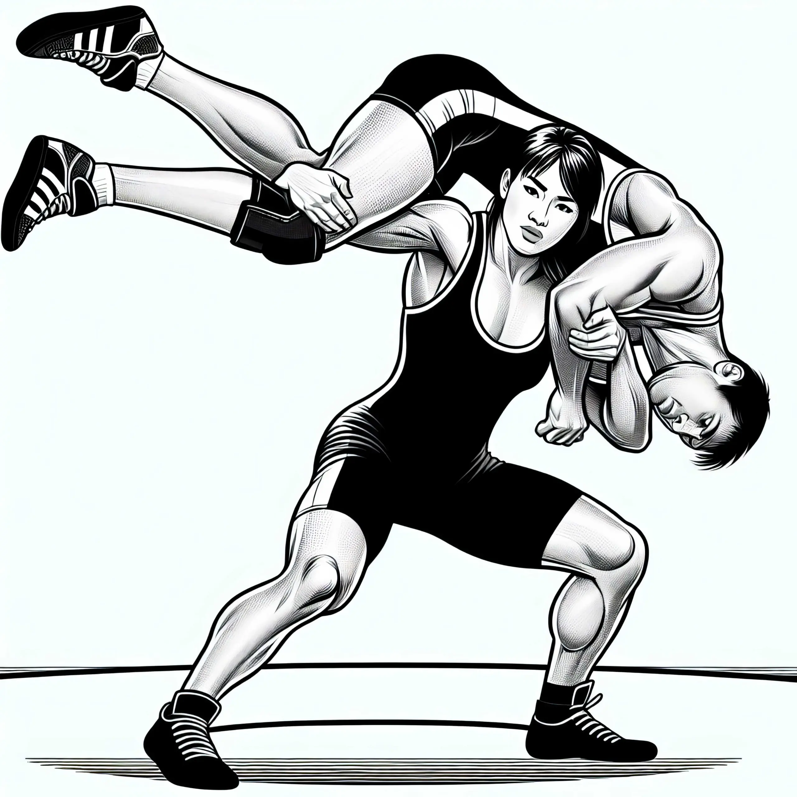 Wrestlerin hebt Gegner hoch – detailreiche Malvorlage gratis (Ausmalbild)