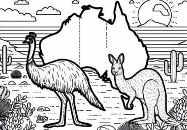 Wüste mit Emu und Känguru – Ausmalbild Australien und Ozeanien kostenlos