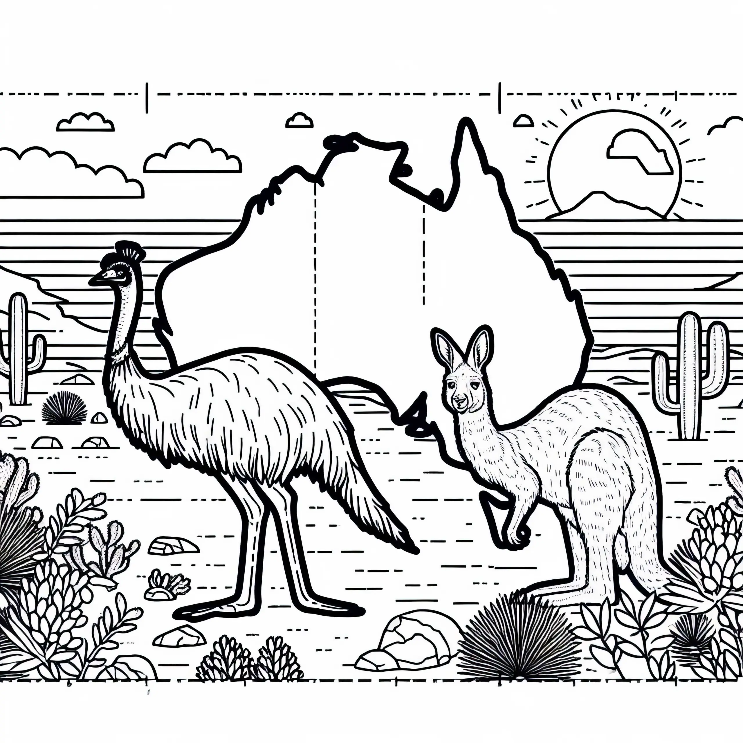 Wüste mit Emu und Känguru – Ausmalbild Australien und Ozeanien kostenlos