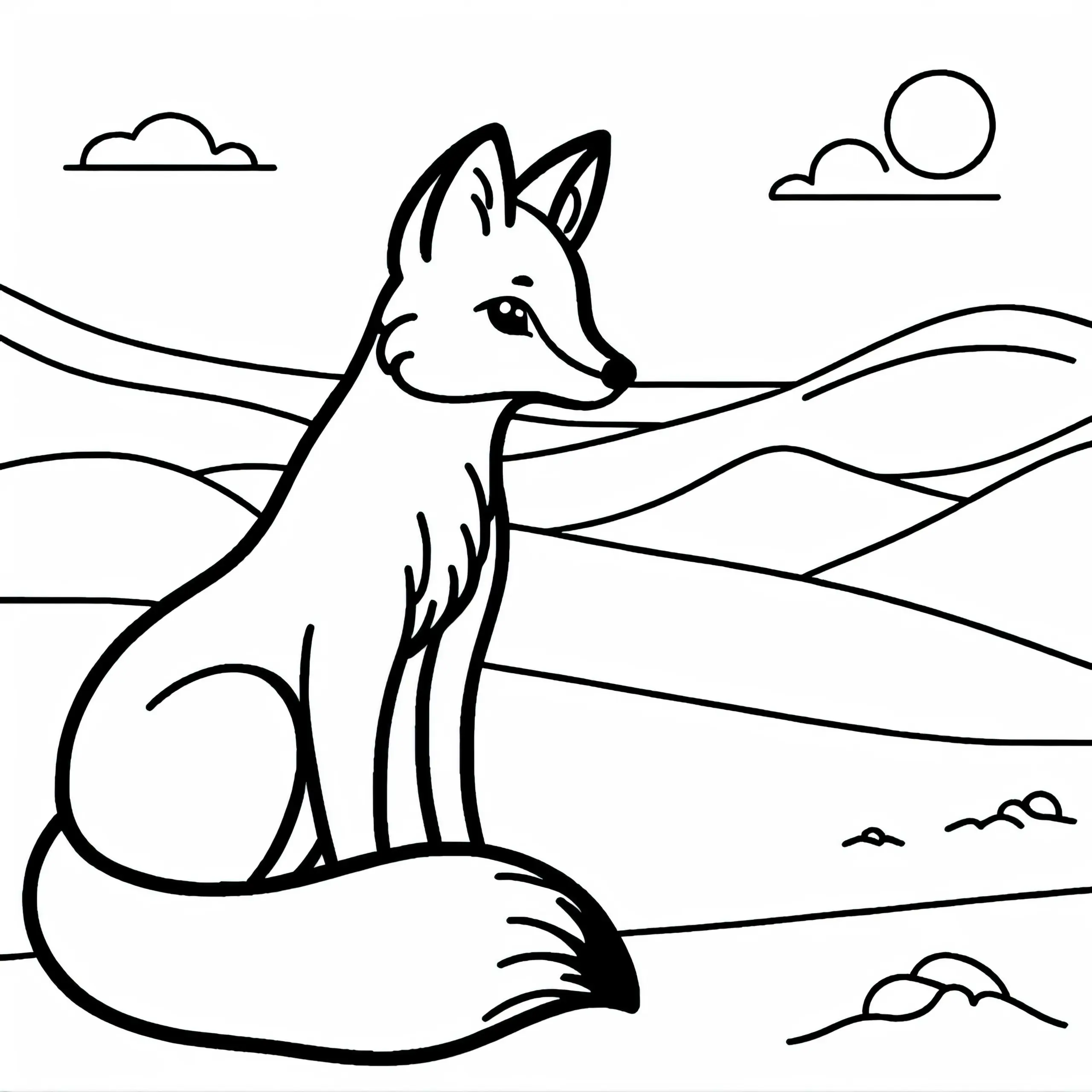 Wüstenfuchs sitzt auf Sanddüne und blickt aufmerksam in die Ferne – Ausmalbild kostenlos