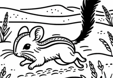 Eine Wüstenspringmaus hüpft mit ausgestrecktem Schwanz durch den Sand – Ausmalbild gratis