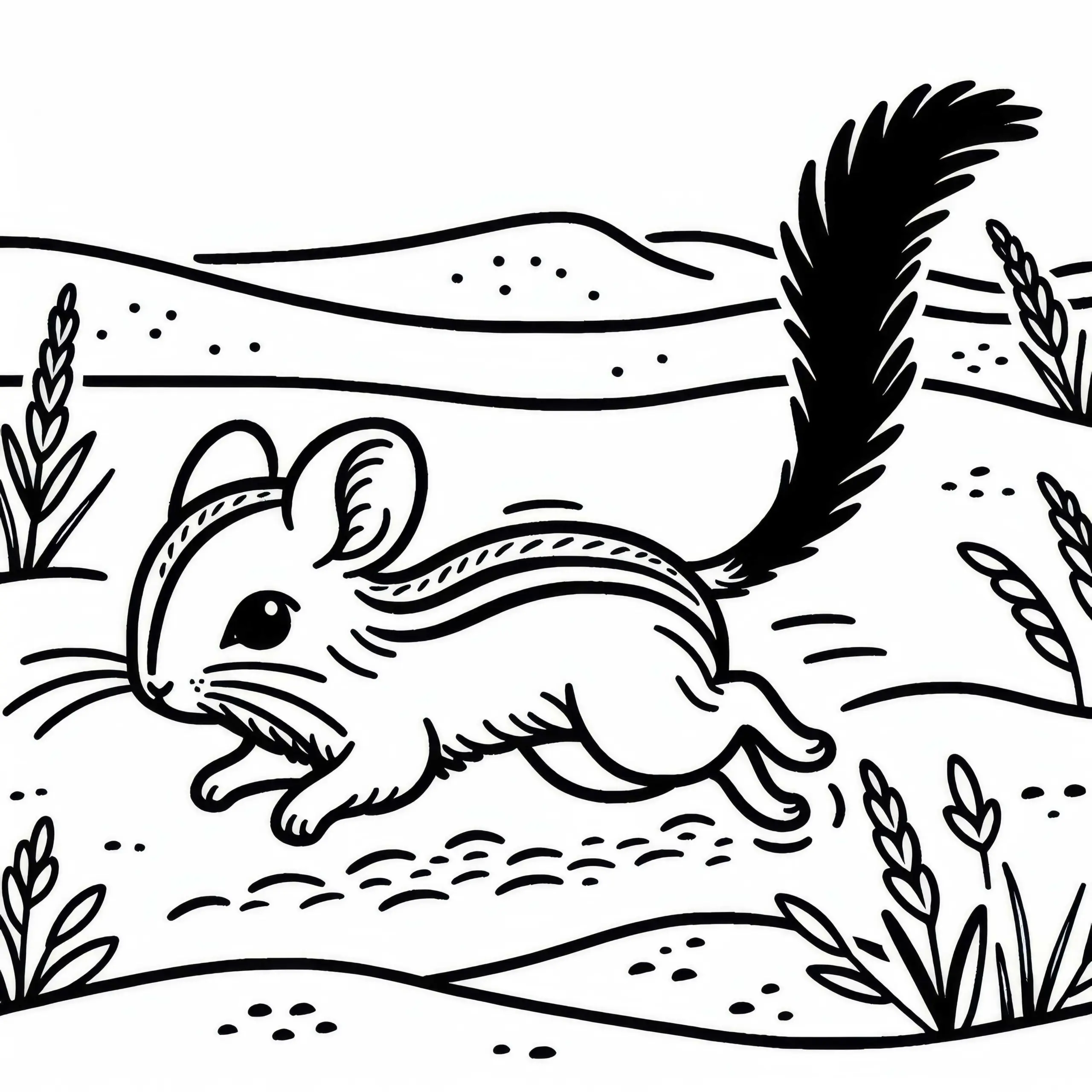 Eine Wüstenspringmaus hüpft mit ausgestrecktem Schwanz durch den Sand – Ausmalbild gratis