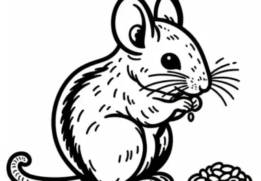 Wüstenspringmaus sitzt auf Hinterbeinen und knabbert an Getreidekorn – Malvorlage kostenlos