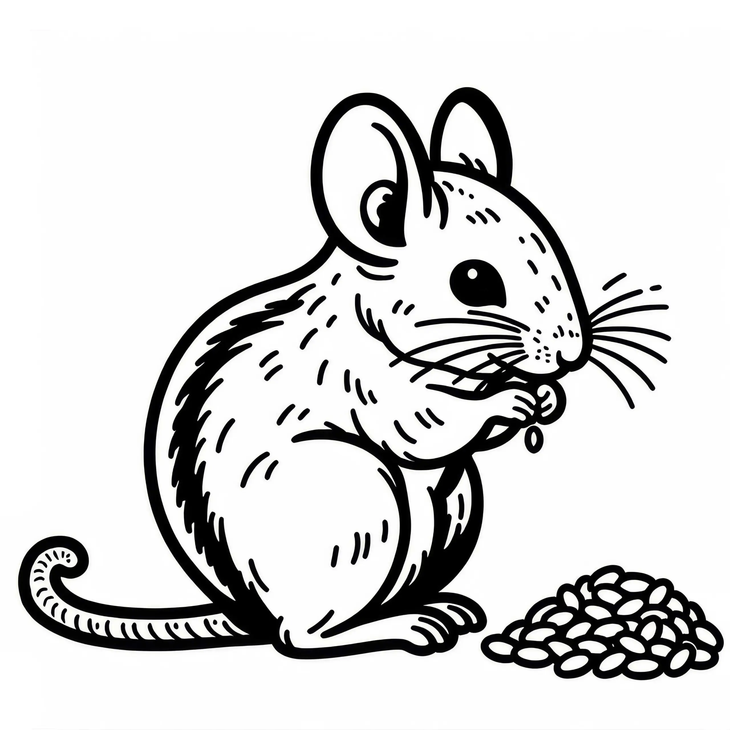 Wüstenspringmaus sitzt auf Hinterbeinen und knabbert an Getreidekorn – Malvorlage kostenlos (Ausmalbild)