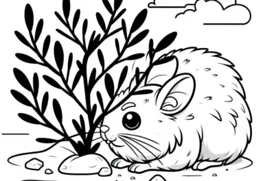 Wüstenspringmaus versteckt sich unter Strauch vor Sonne – Ausmalbild kostenlos