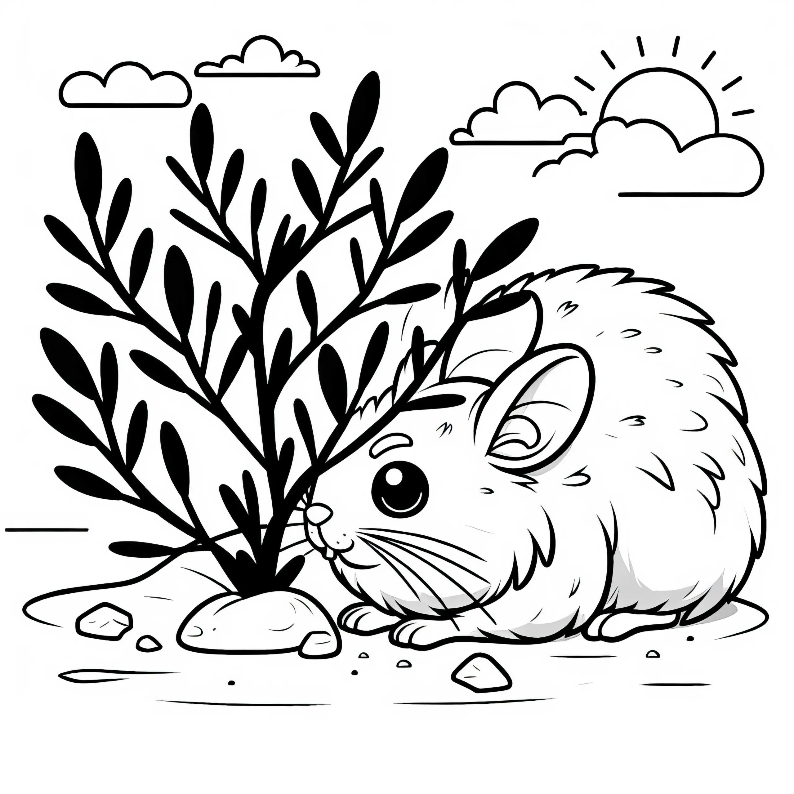 Wüstenspringmaus versteckt sich unter Strauch vor Sonne – Ausmalbild kostenlos