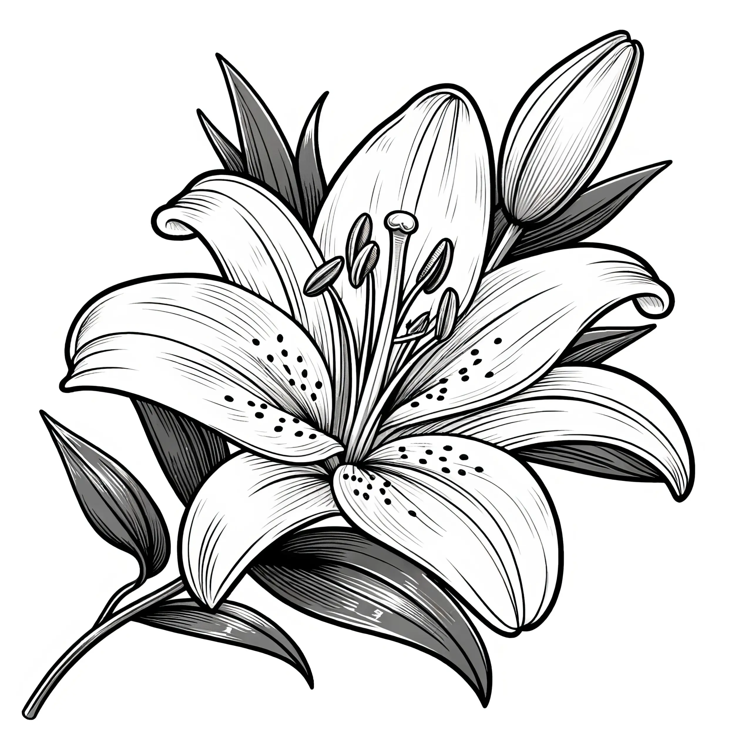 Wunderschöne Lilienblüte: Realistische Malvorlage (Gratis) (Ausmalbild)