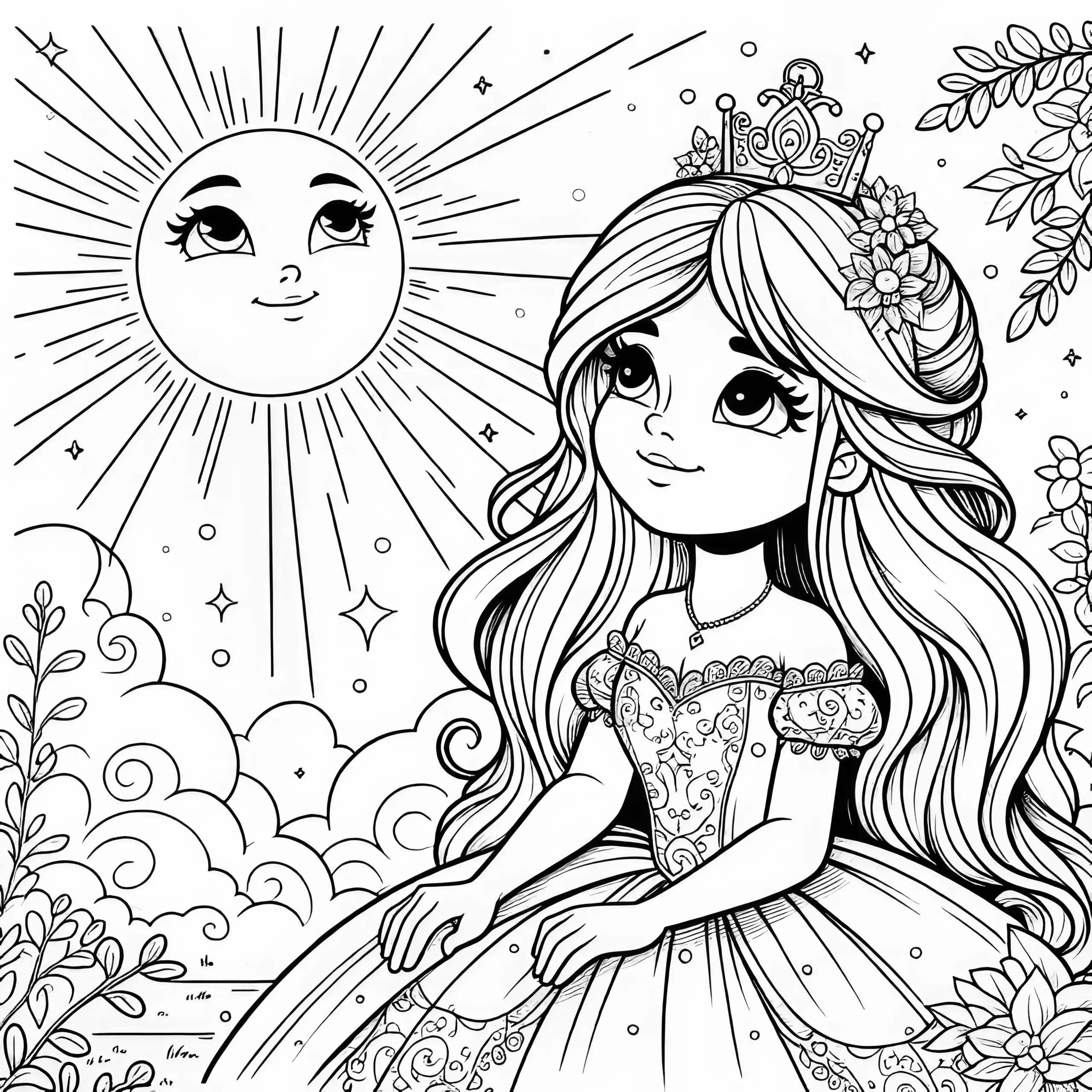 Wunderschöne Prinzessin Sonne (Gratis Malvorlage zum Ausdrucken) (Ausmalbild)