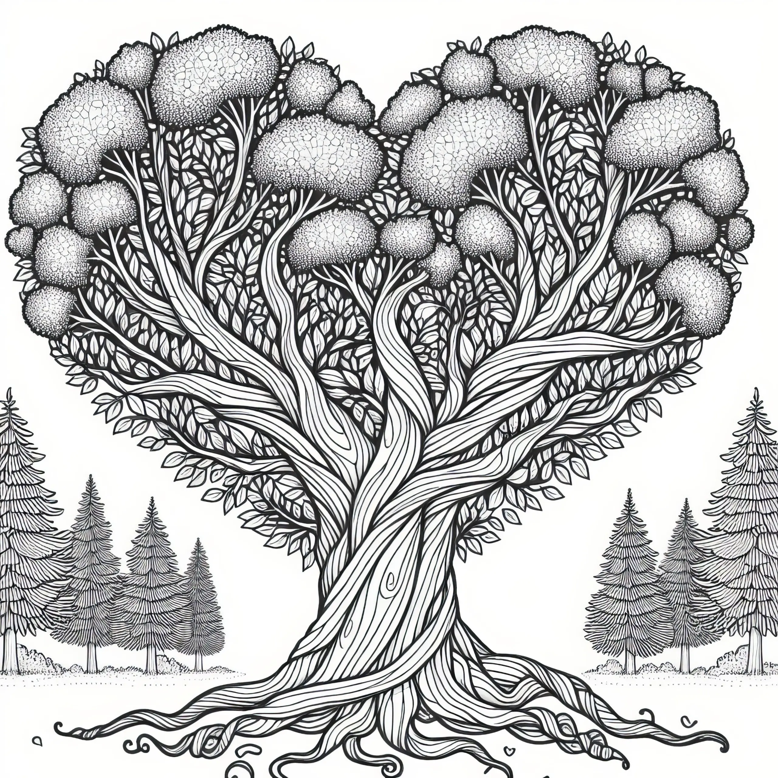 Wunderschöner Baum in Herzform als Malvorlage zum Valentinstag (Gratis) (Ausmalbild)