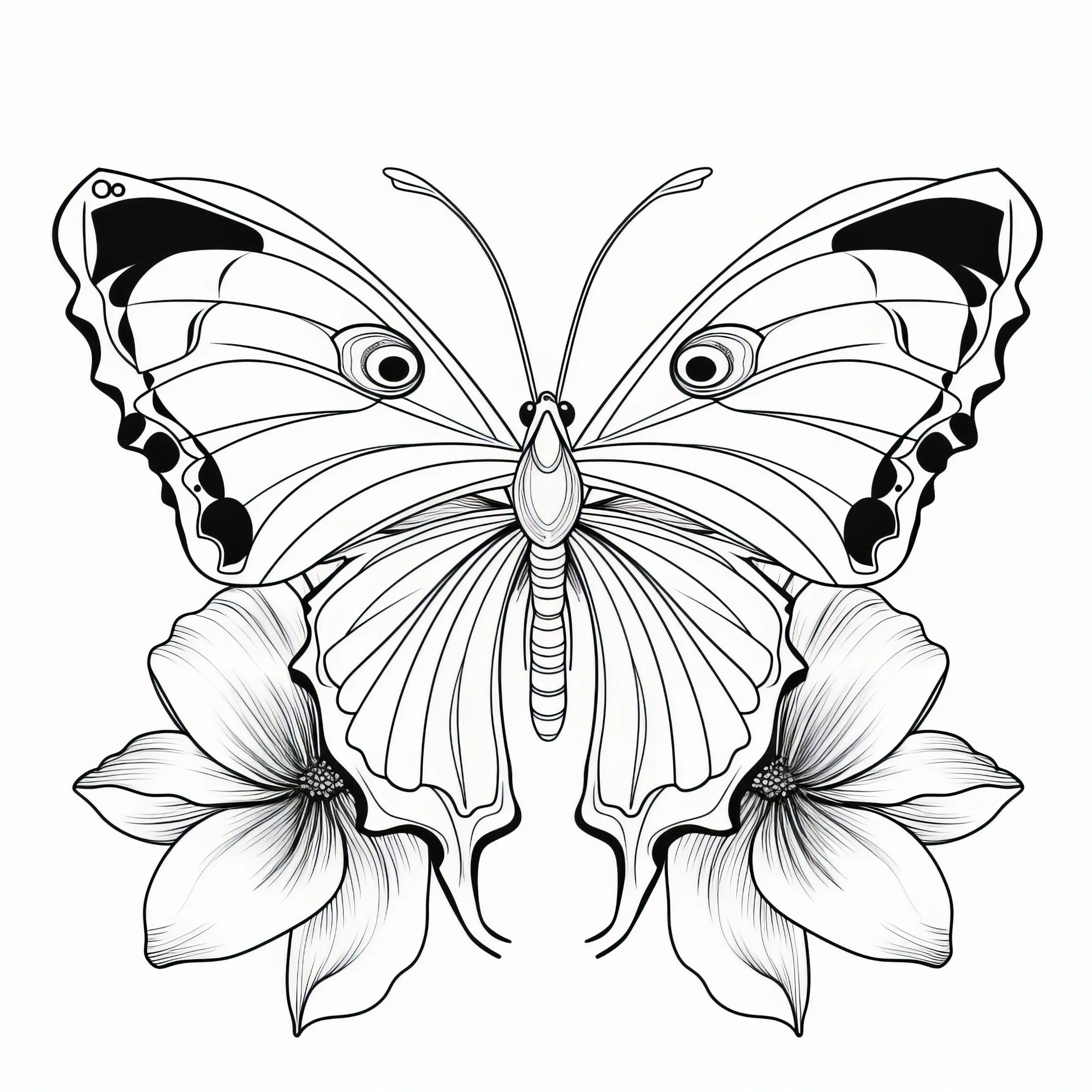 Wunderschöner Schmetterling mit prächtigen Blüten: Ausmalbild zum Herunterladen (Kostenlos)