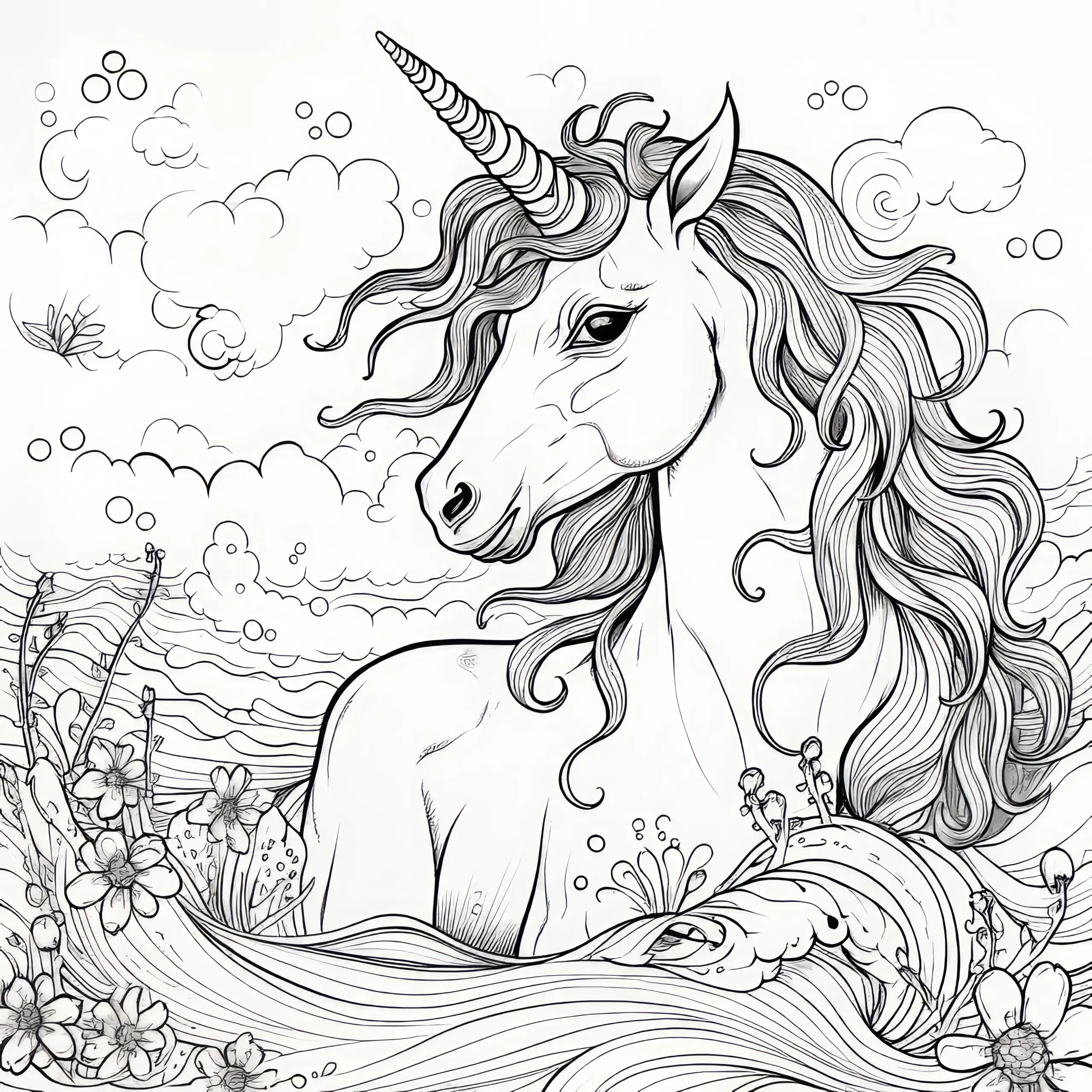 Wunderschönes Einhorn als Malvorlage für Erwachsene (Kostenlos) (Ausmalbild)