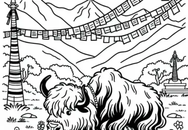 Yak grast friedlich unter Gebetsfahnen in Tibet – Malvorlage gratis