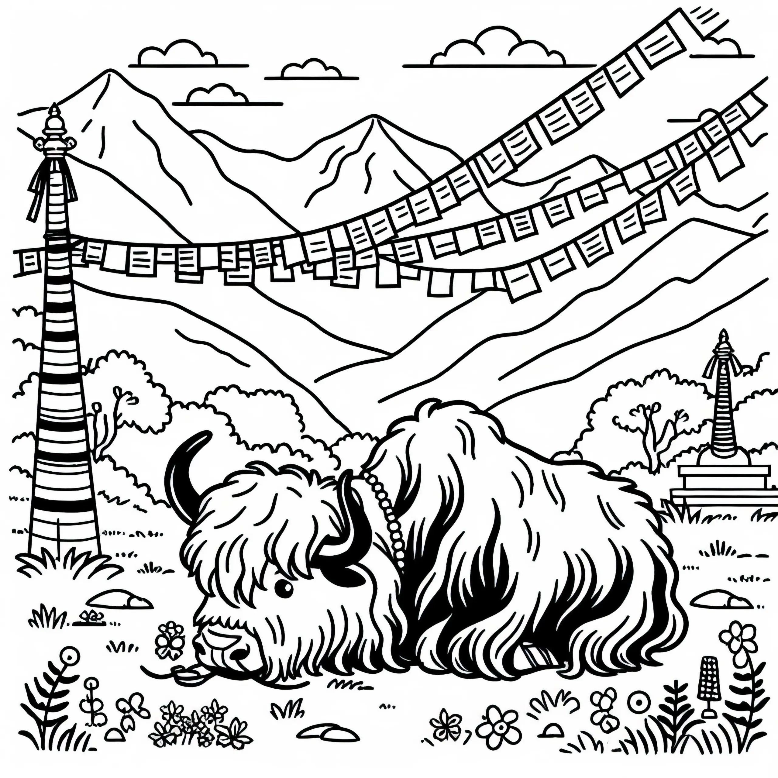 Yak grast friedlich unter Gebetsfahnen in Tibet – Malvorlage gratis (Ausmalbild)