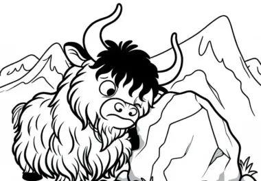 Yak reibt sich am Felsen – Ausmalbild kostenlos herunterladen